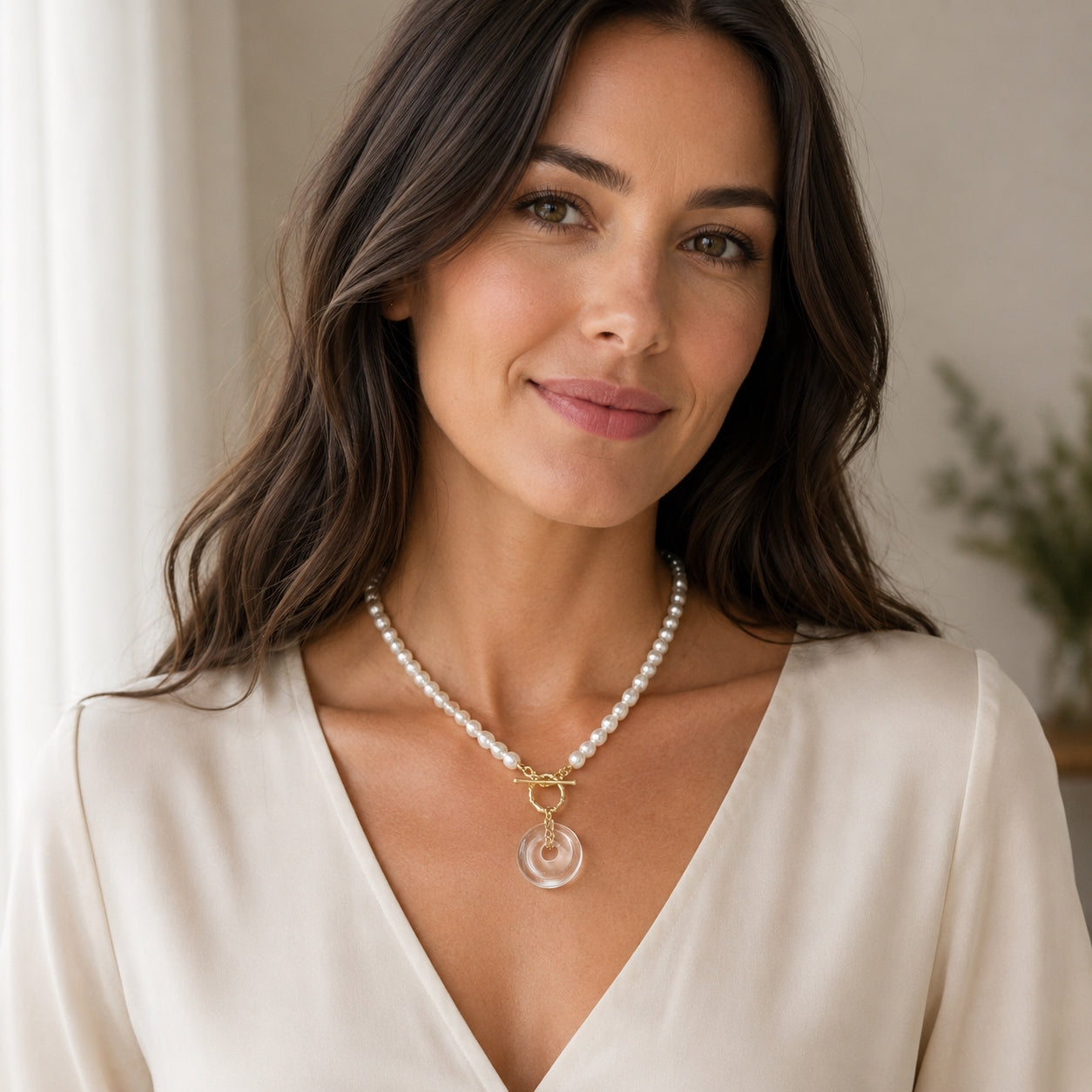 Modern Ming Pearl Necklace with Rock Crystal Pi Disc