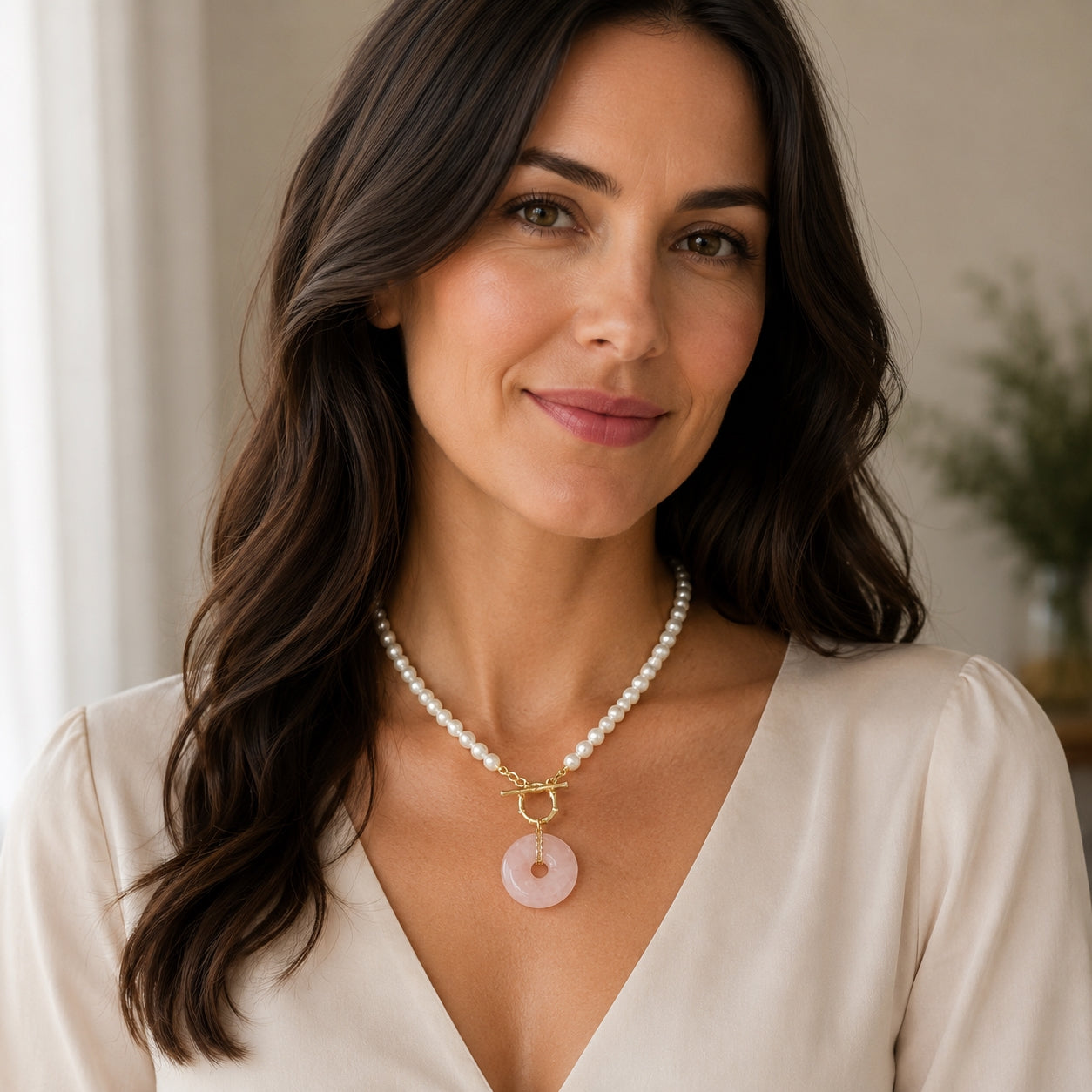 Modern Ming Pearl Necklace with Rose Quartz Pi Disc
