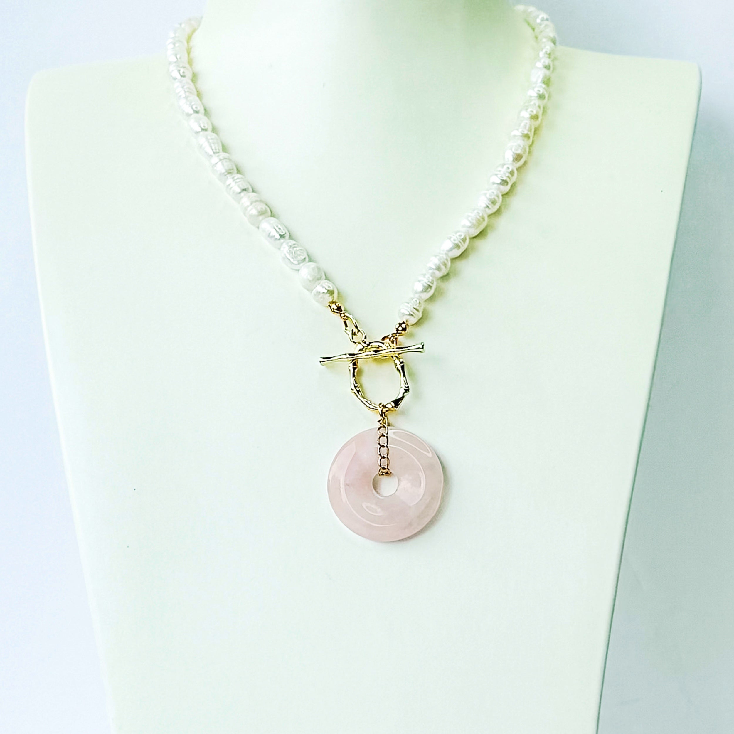 Modern Ming Pearl Necklace with Rose Quartz Pi Disc in Pearl, gold plated, handcrafted gemstone necklace Singapore