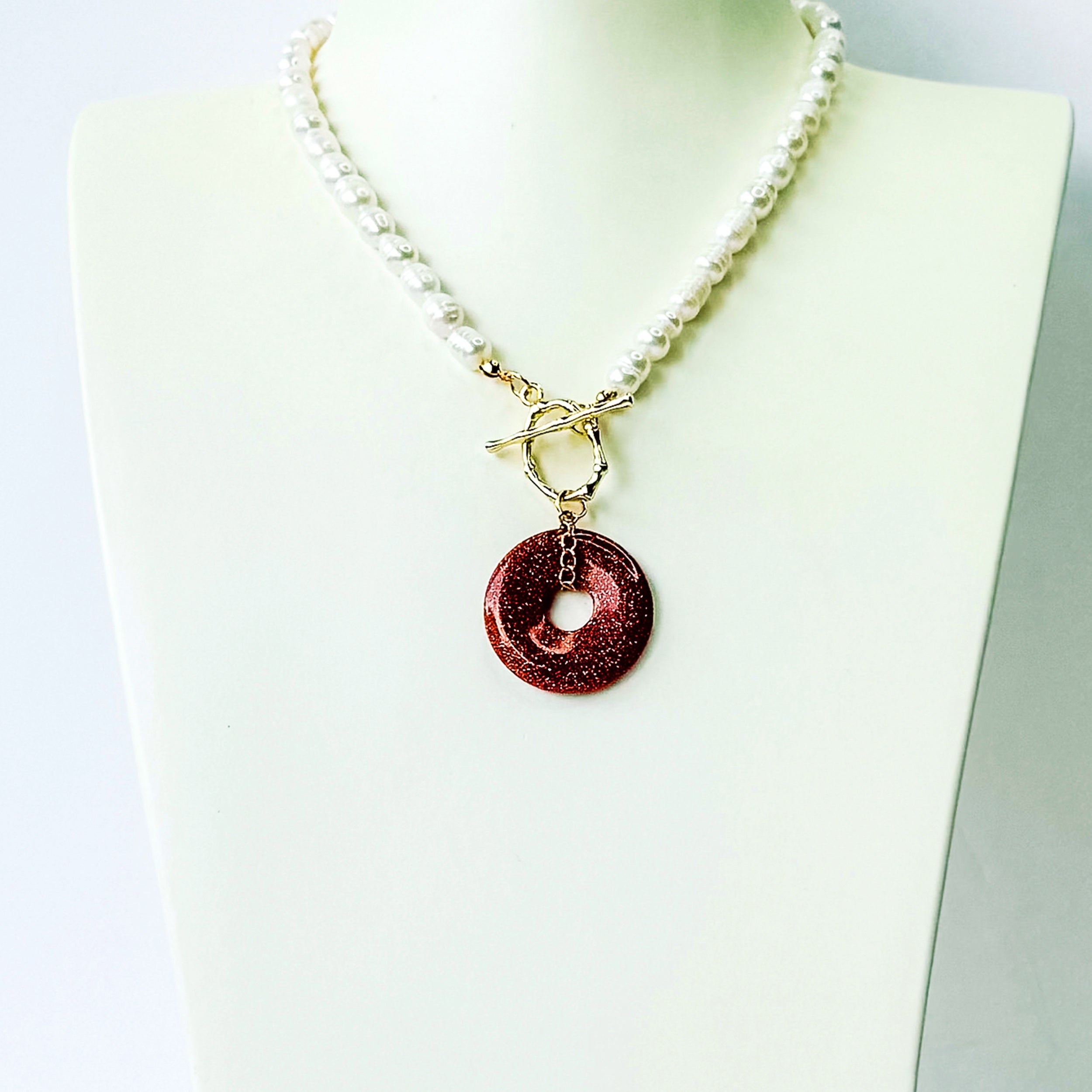 Modern Ming Pearl Necklace with Sunstone Pi Disc in Sunstone, gold plated, handcrafted gemstone necklace Singapore