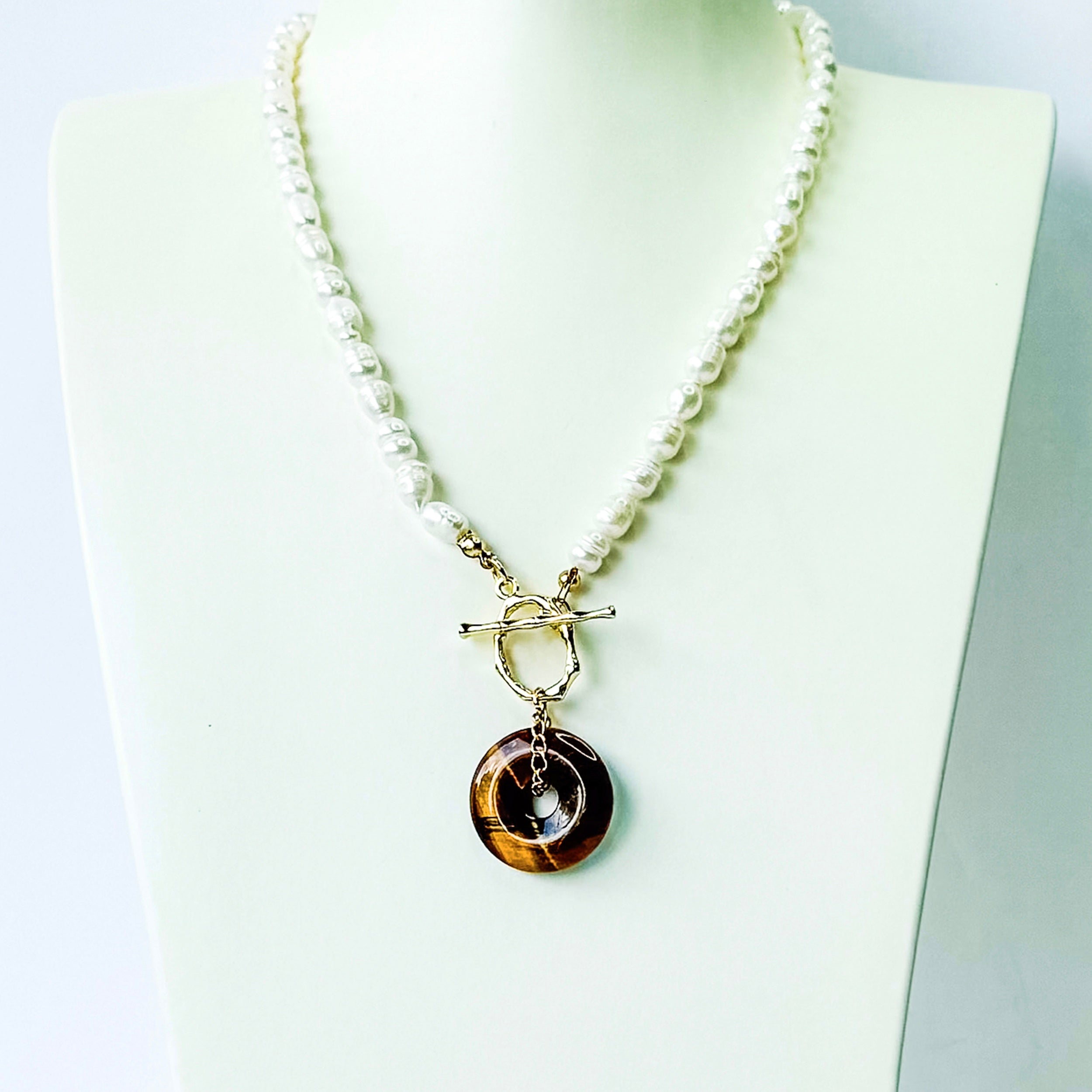 Modern Ming Pearl Necklace with Tiger's Eye Pi Disc in Pearl, gold plated, handcrafted gemstone necklace Singapore