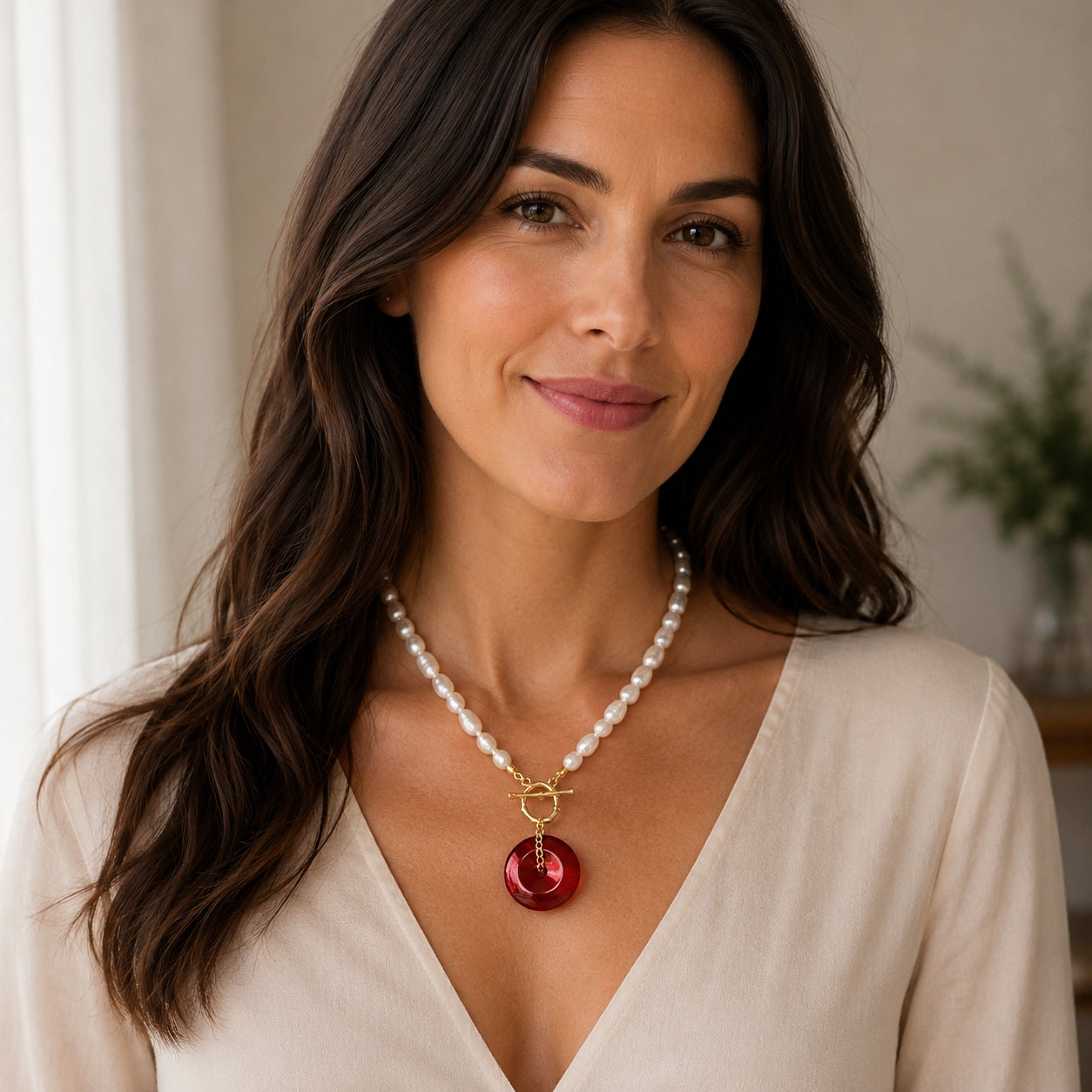 Modern Ming Pearl Necklace with Carnelian Pi Disc