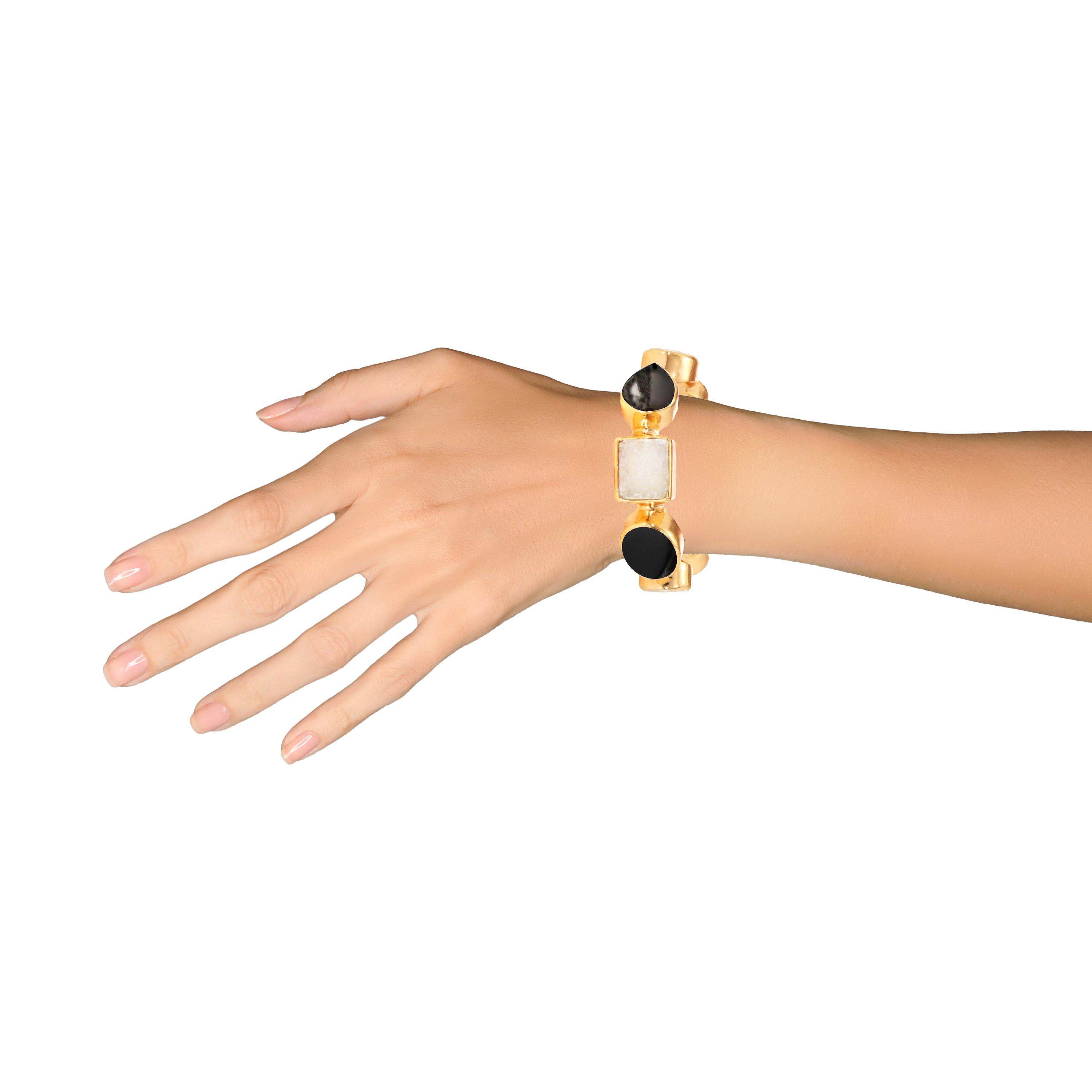 Single line Black and White Agate in Black Agate, gold plated, handcrafted gemstone bracelets Singapore