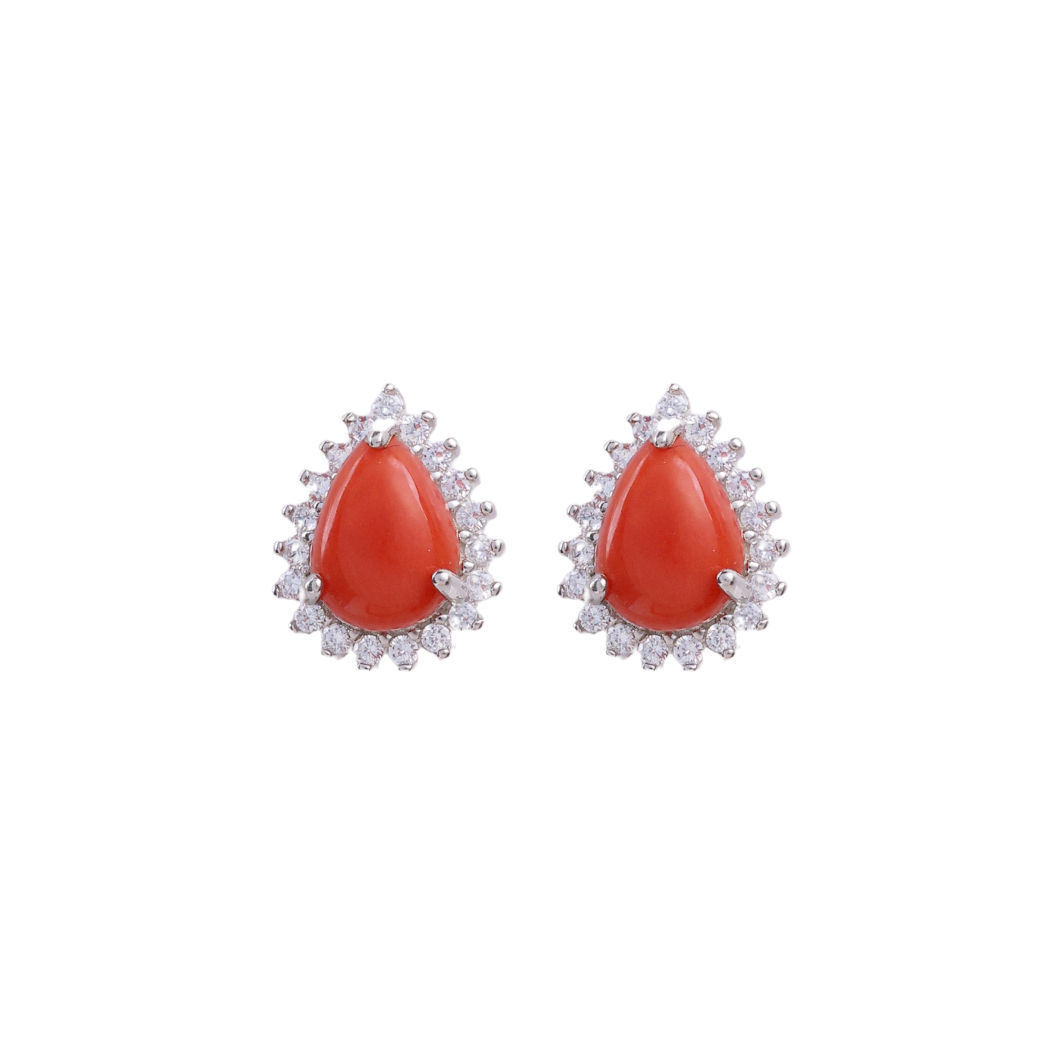 Coral & White Topaz Pear Halo in Coral, gold plated, handcrafted gemstone earrings Singapore