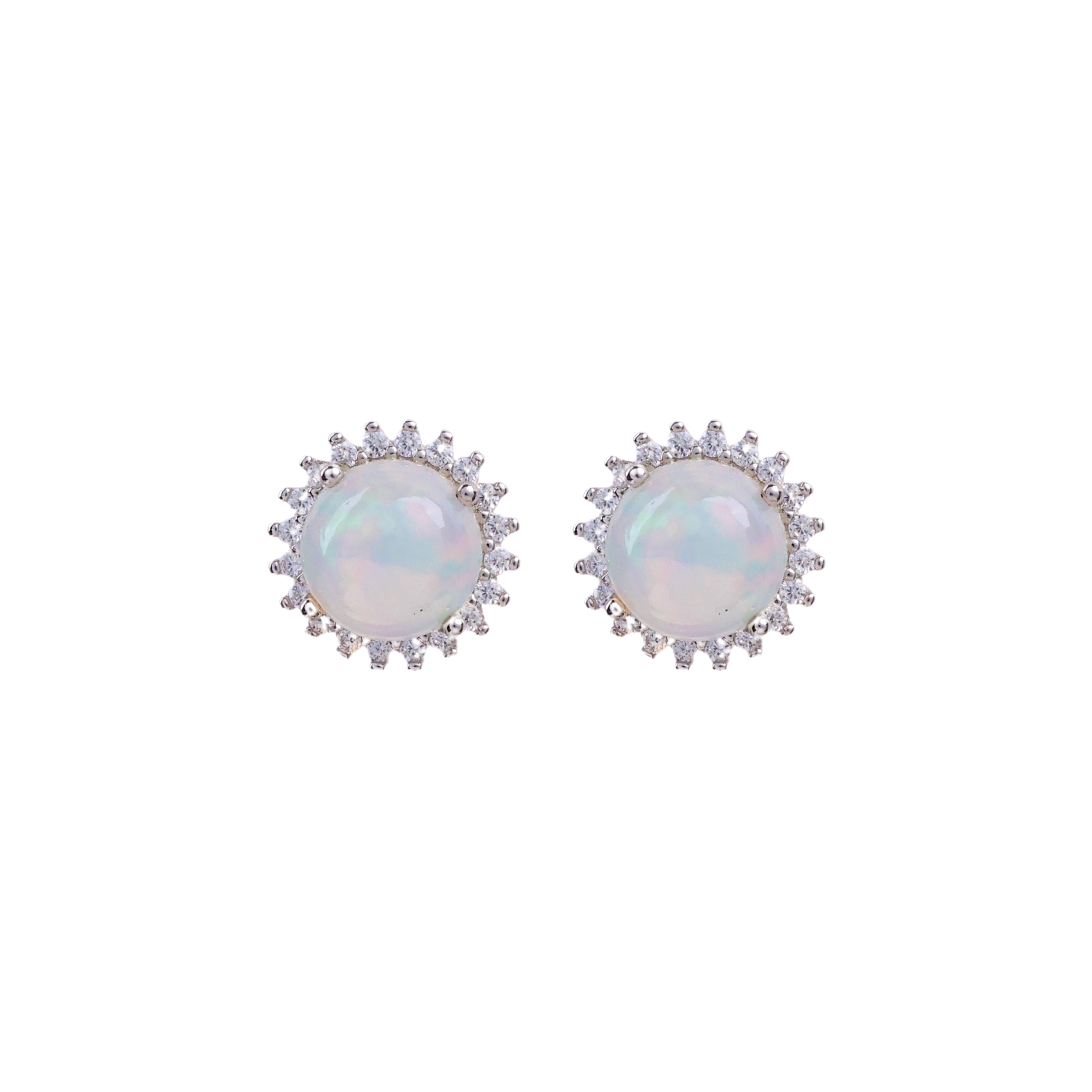 Round Opal & White Topaz Halo Studs in Opal, gold plated, handcrafted gemstone earrings Singapore
