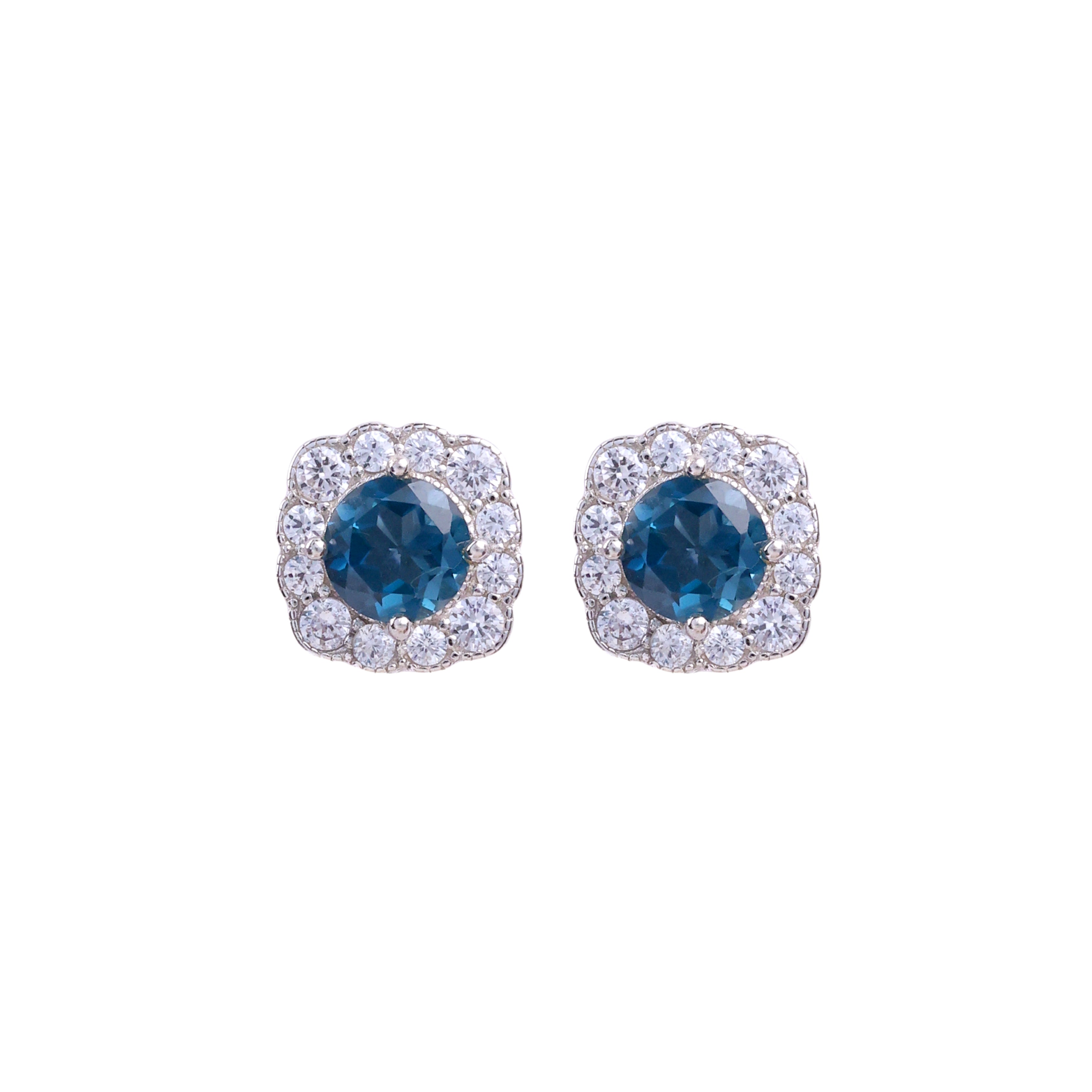 London Blue & White Topaz Halo in Blue Topaz, gold plated, handcrafted gemstone earrings Singapore