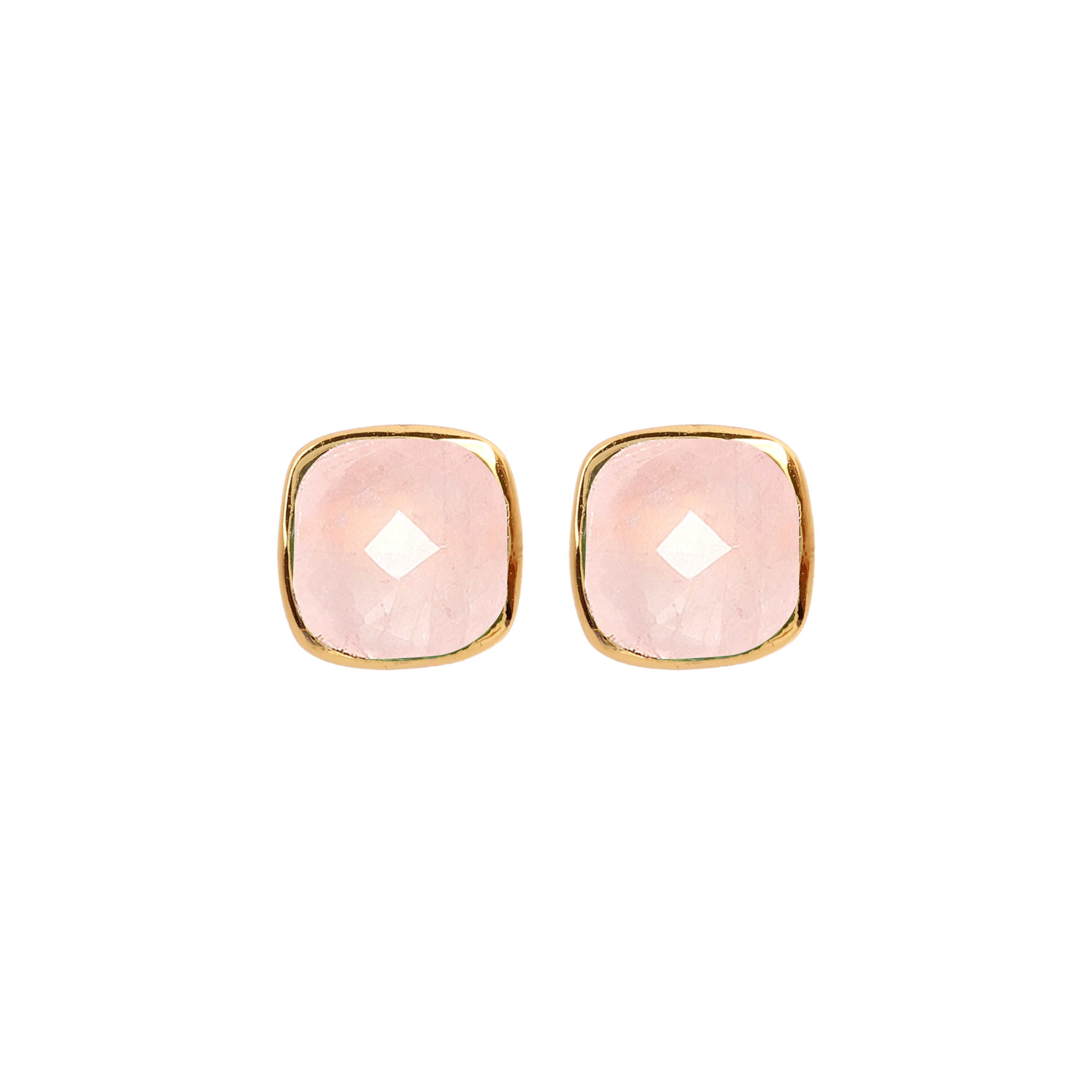Square rose quartz stud earrings in gold bezel setting – ShopLustre