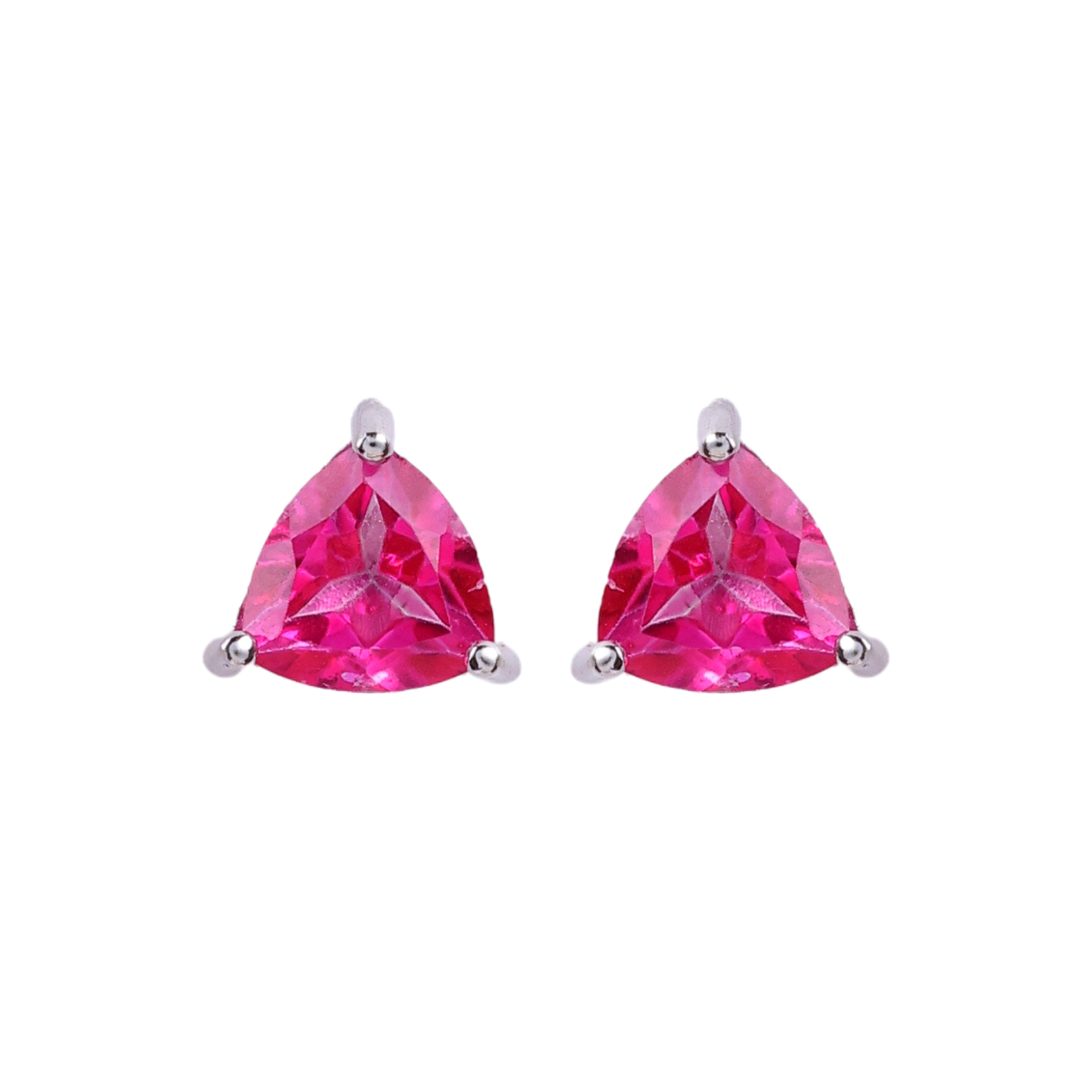 Pink triangular gemstone stud earrings in silver setting