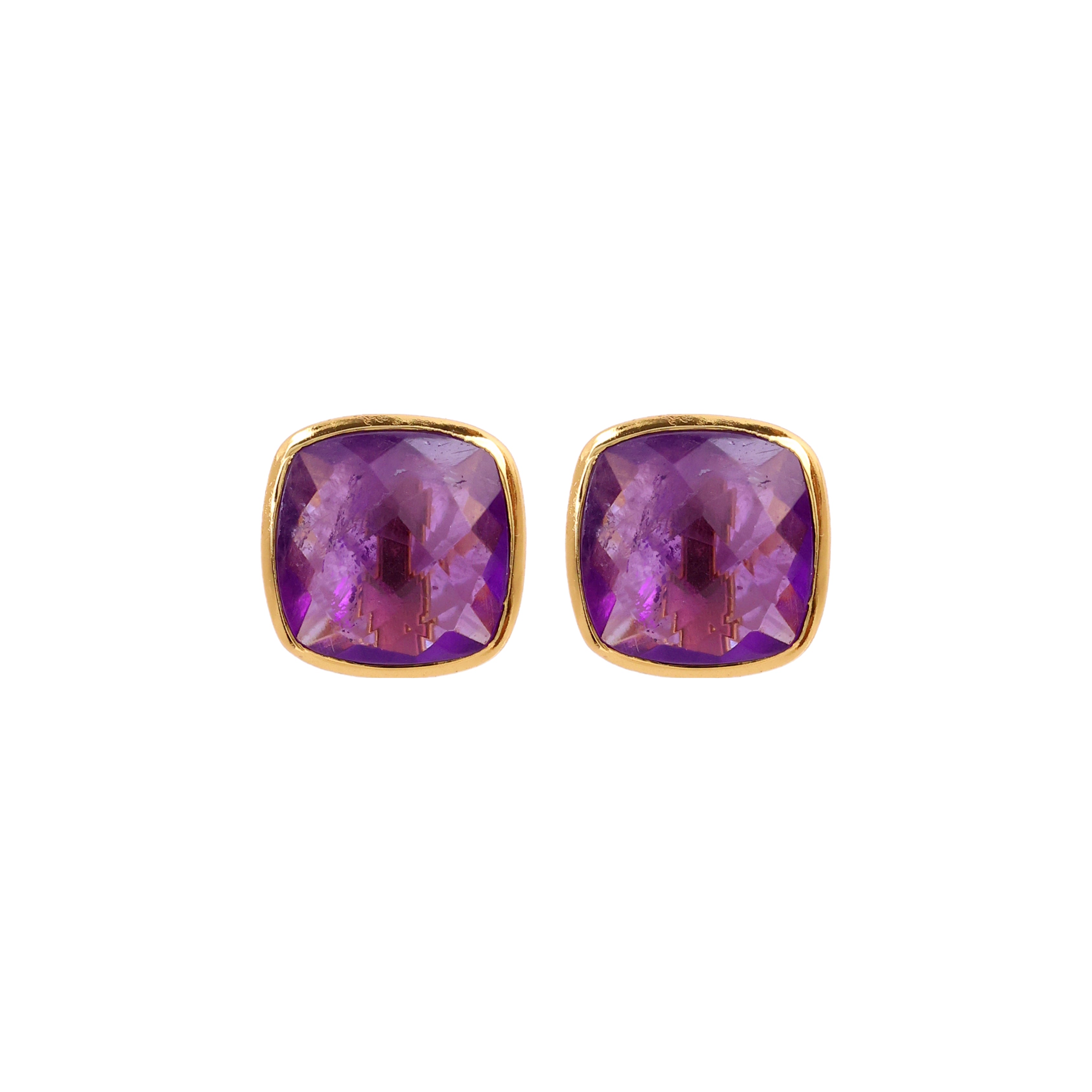 Square purple gemstone stud earrings in gold setting