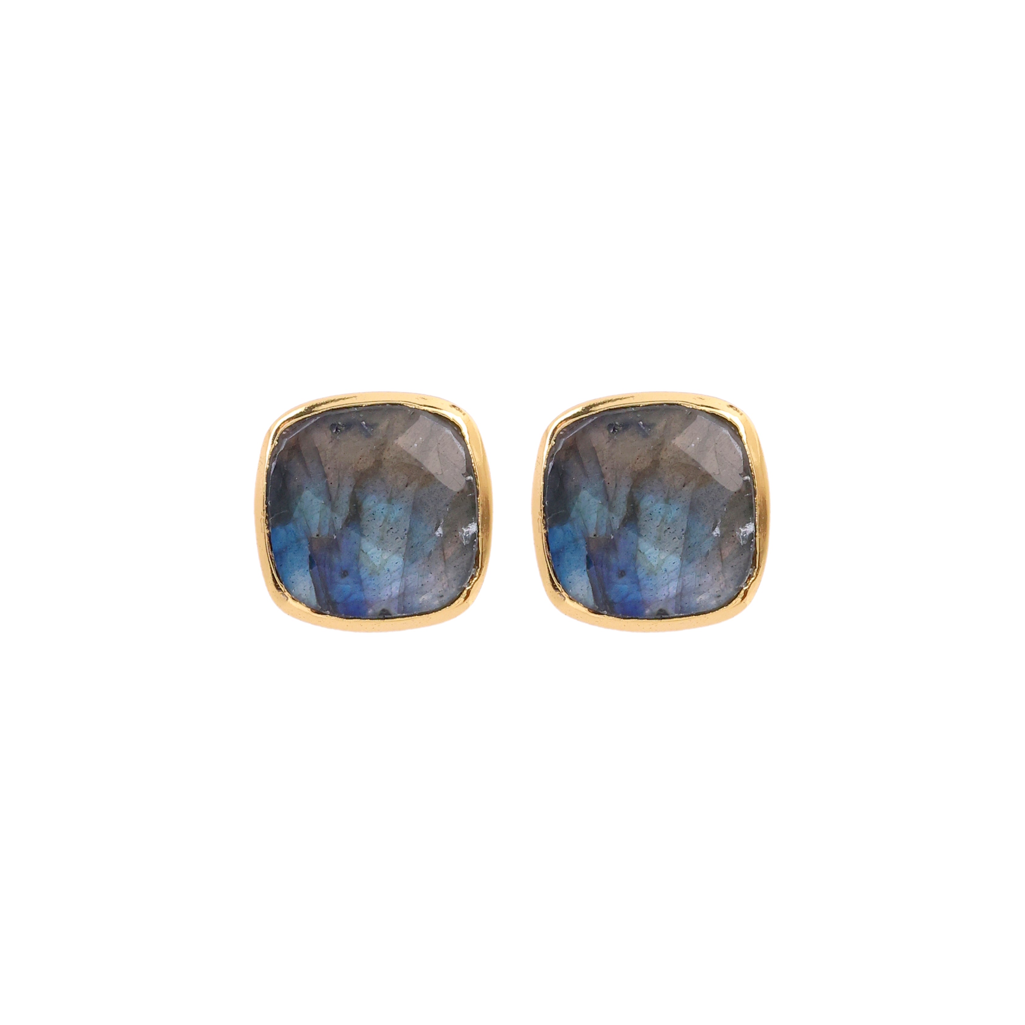 Square blue gemstone stud earrings in gold setting