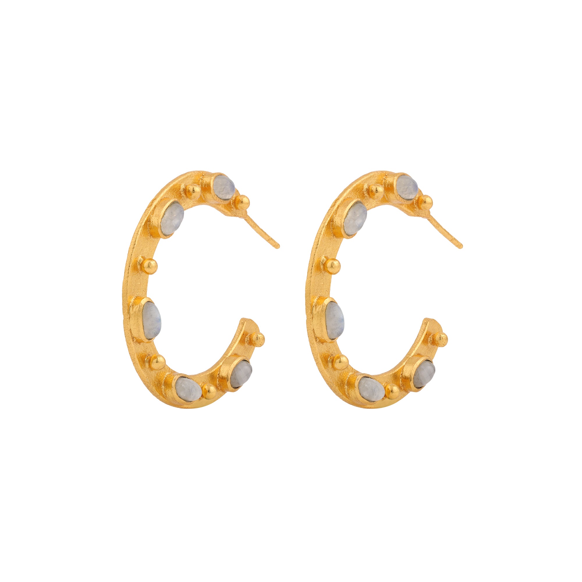 Flat Hoop Earrings in Rainbow Moonstone in Moonstone, gold plated, handcrafted gemstone earrings Singapore
