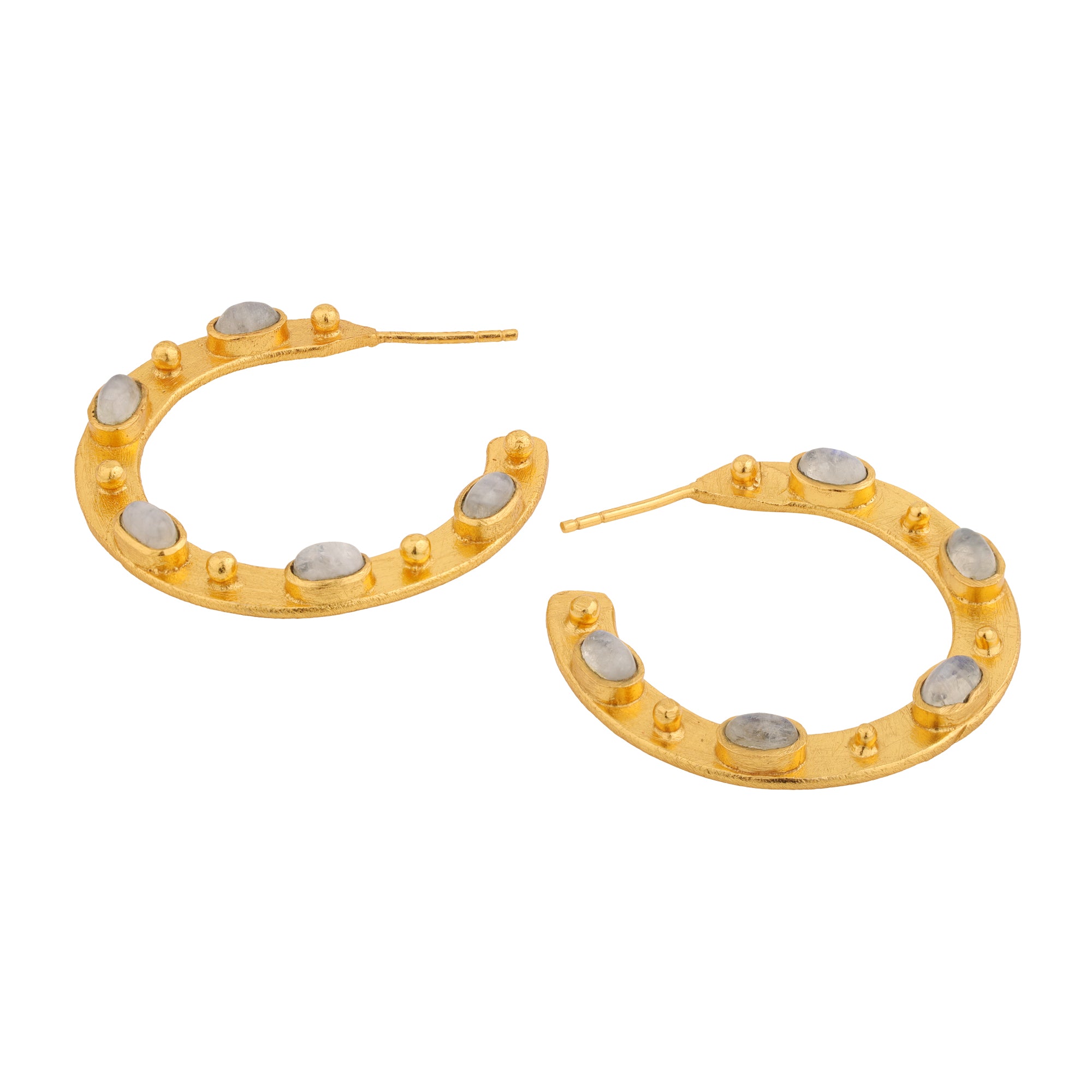 Flat Hoop Earrings in Rainbow Moonstone in Moonstone, gold plated, handcrafted gemstone earrings Singapore