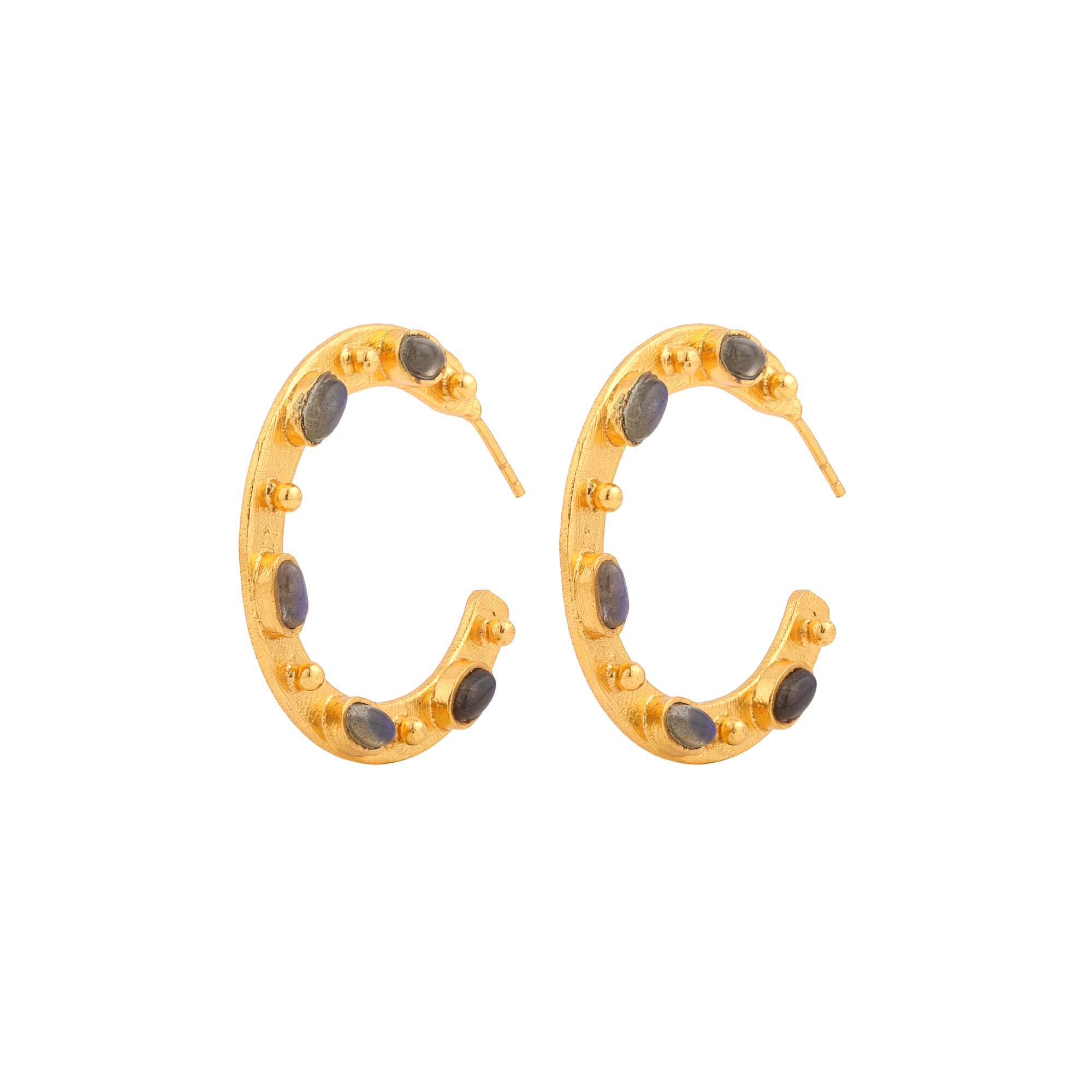 Flat Hoop Earrings in Labradorite in Labradorite, gold plated, handcrafted gemstone earrings Singapore