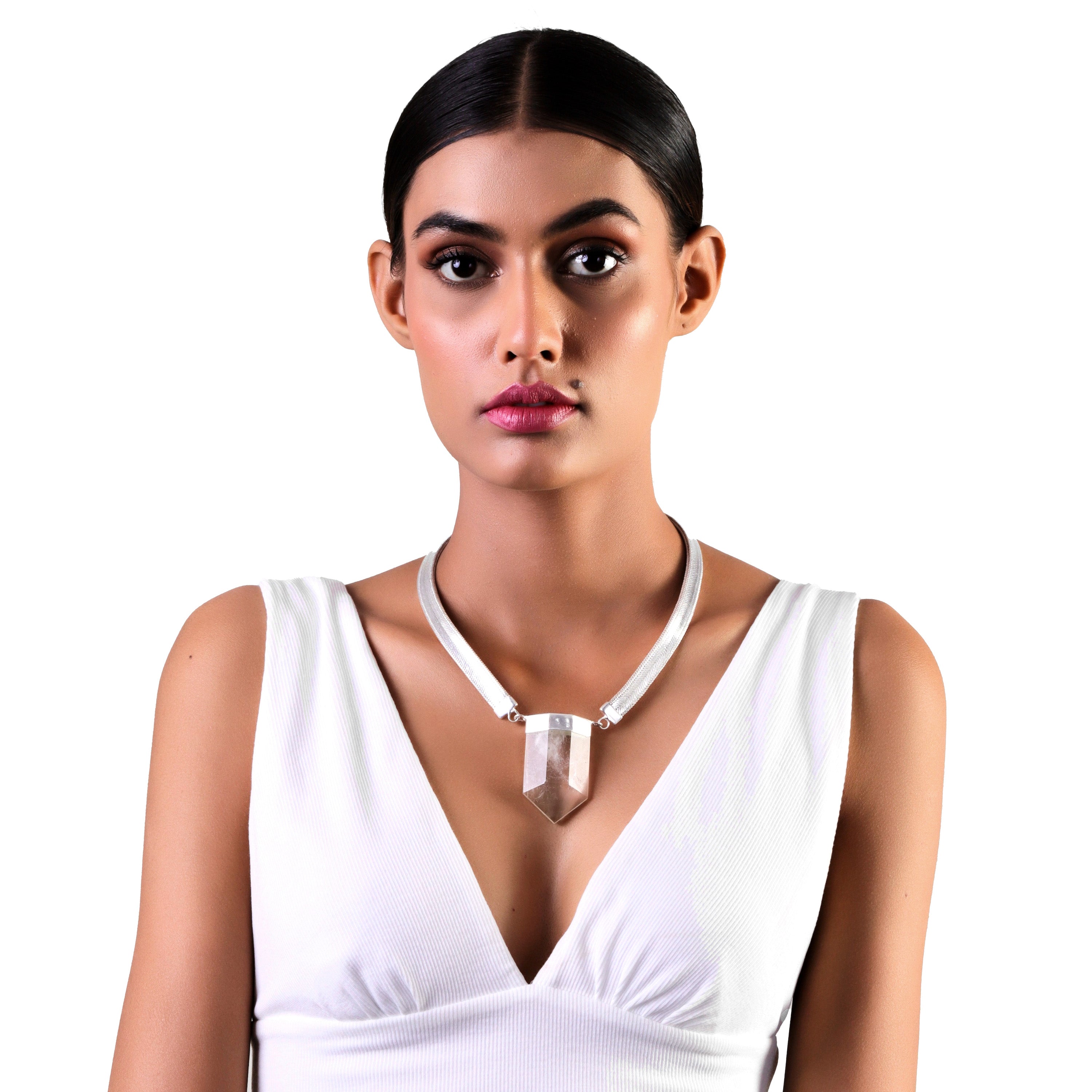 Monolith in Clear Crystal Quartz in Rock Crystal, gold plated, handcrafted gemstone necklace Singapore