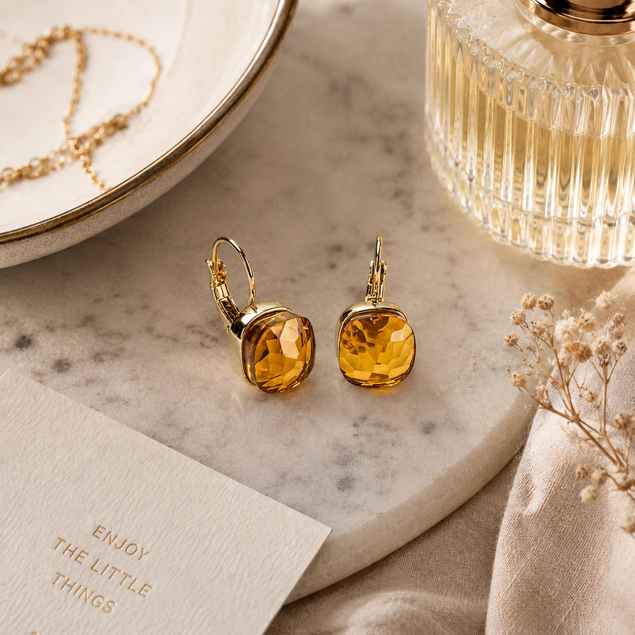 Simulated Beer Quartz Square Earrings - Sample Sale
