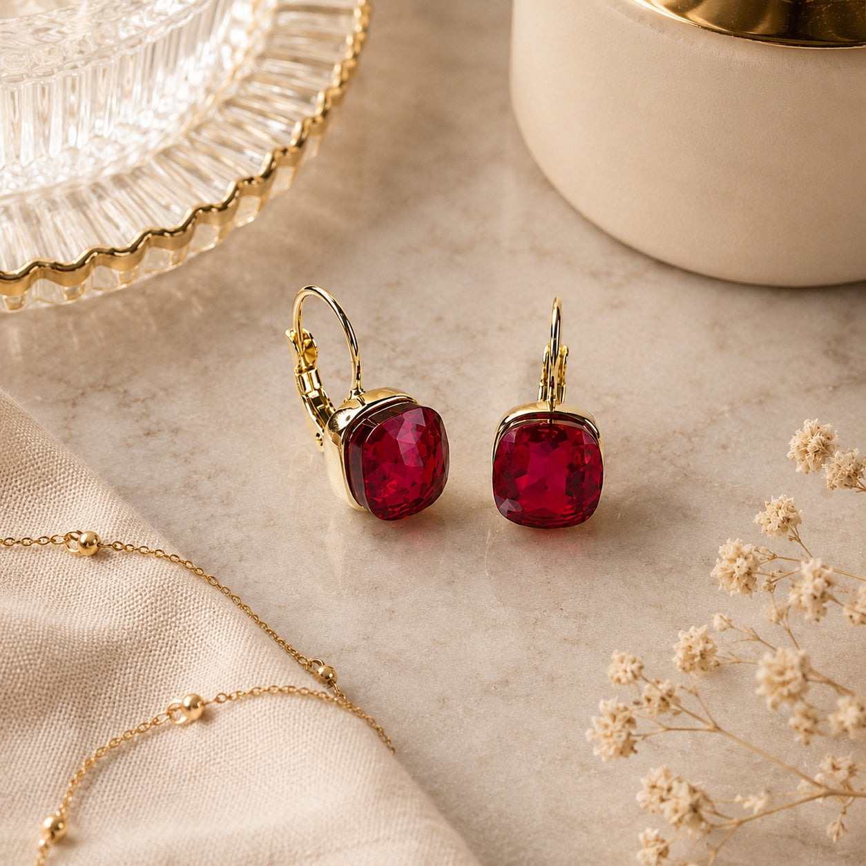 Simulated Garnet Square Earrings - Sample Sale