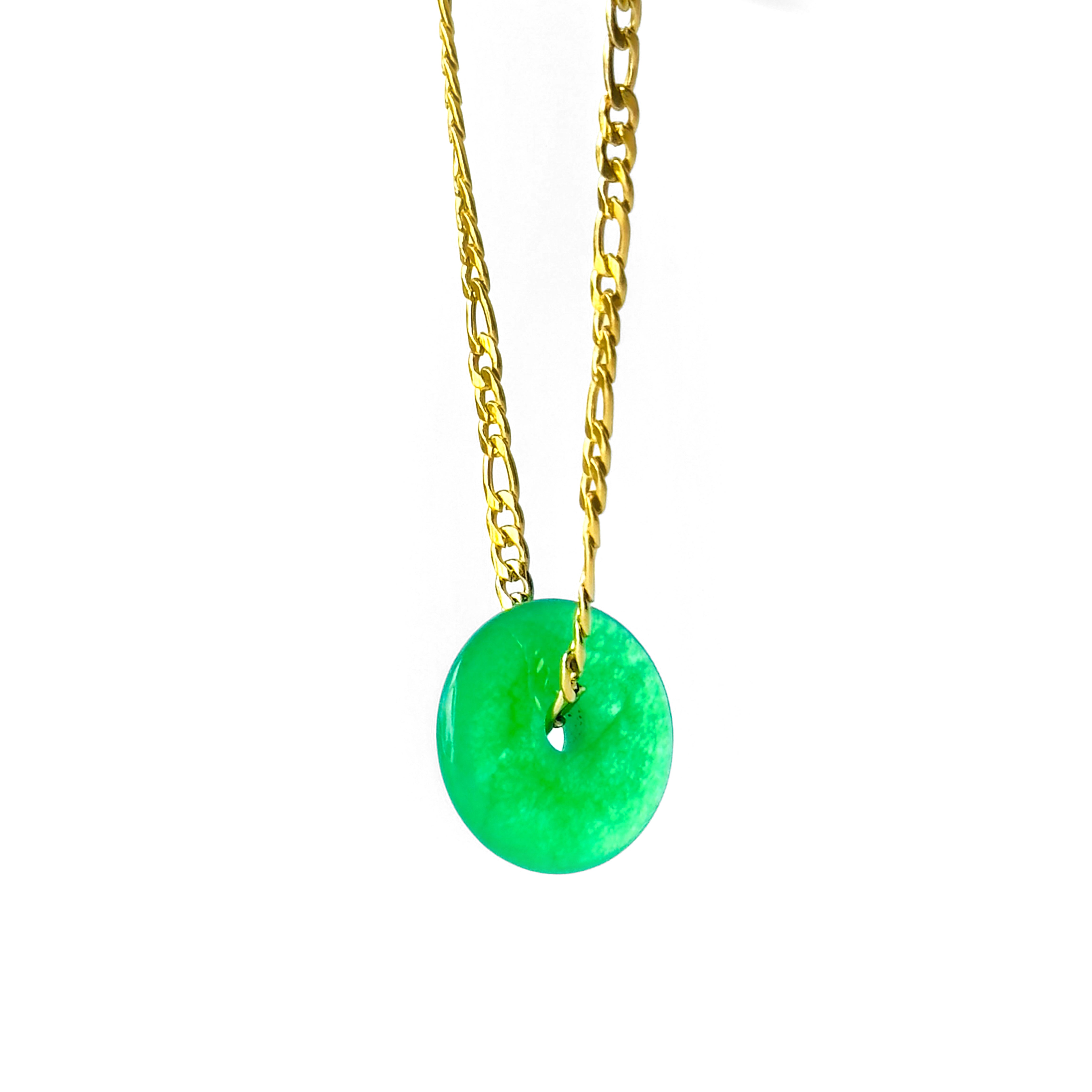 Modern Ming Jade Pi Disc on Antique Figaro Chain in Jade, gold plated, handcrafted gemstone necklace Singapore