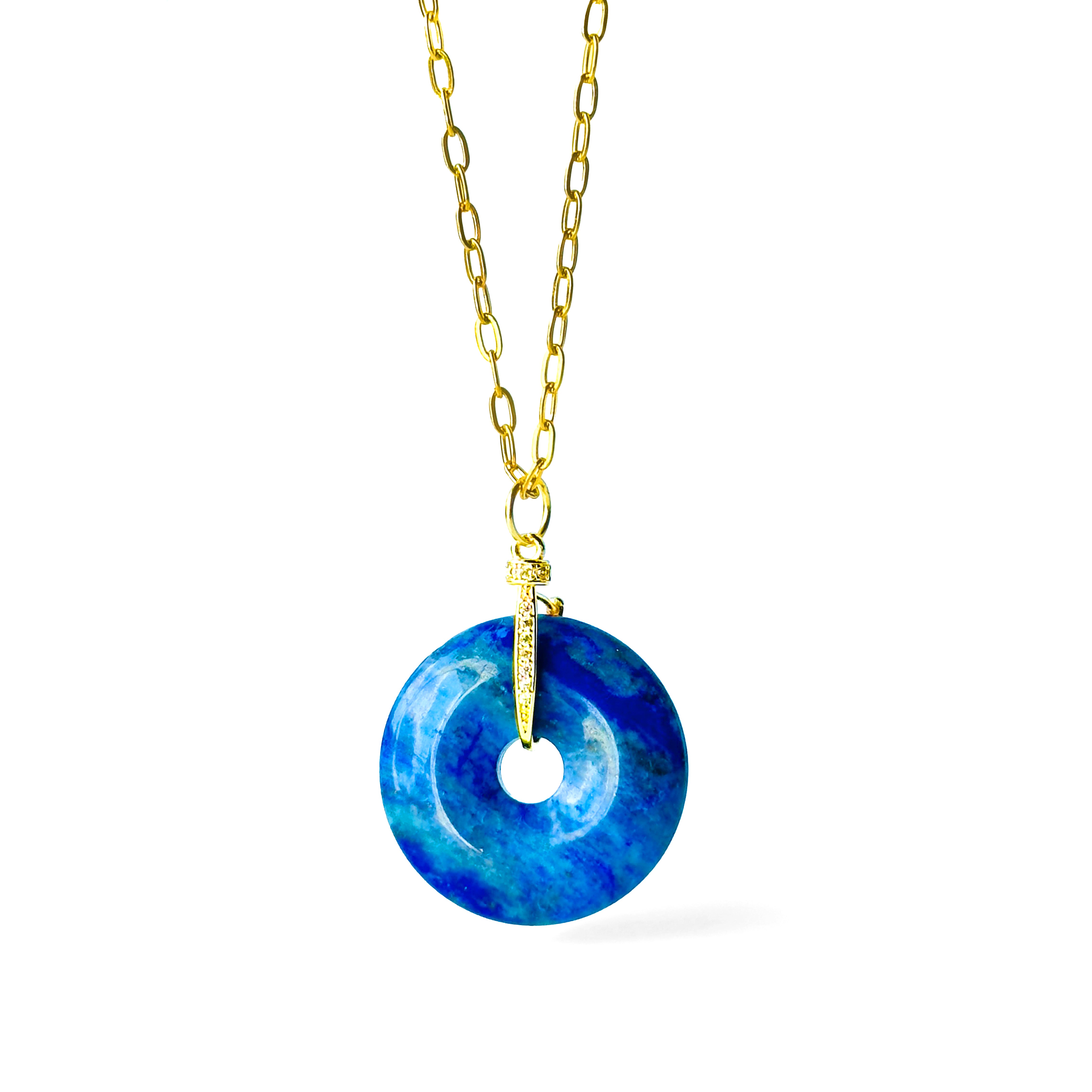 Modern Ming Lapis Lazuli Pi Disc on Link Chain in Lapis Lazuli, gold plated, handcrafted gemstone necklace Singapore