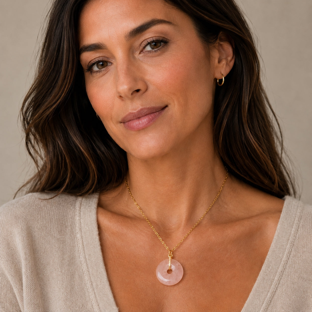 Modern Ming Rose Quartz Pi Disc on Link Chain