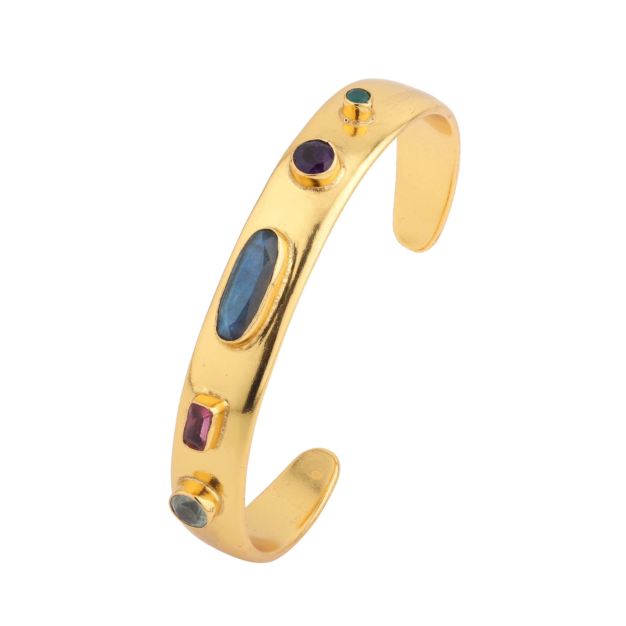 Slim gold cuff bracelet with mixed coloured gemstone settings