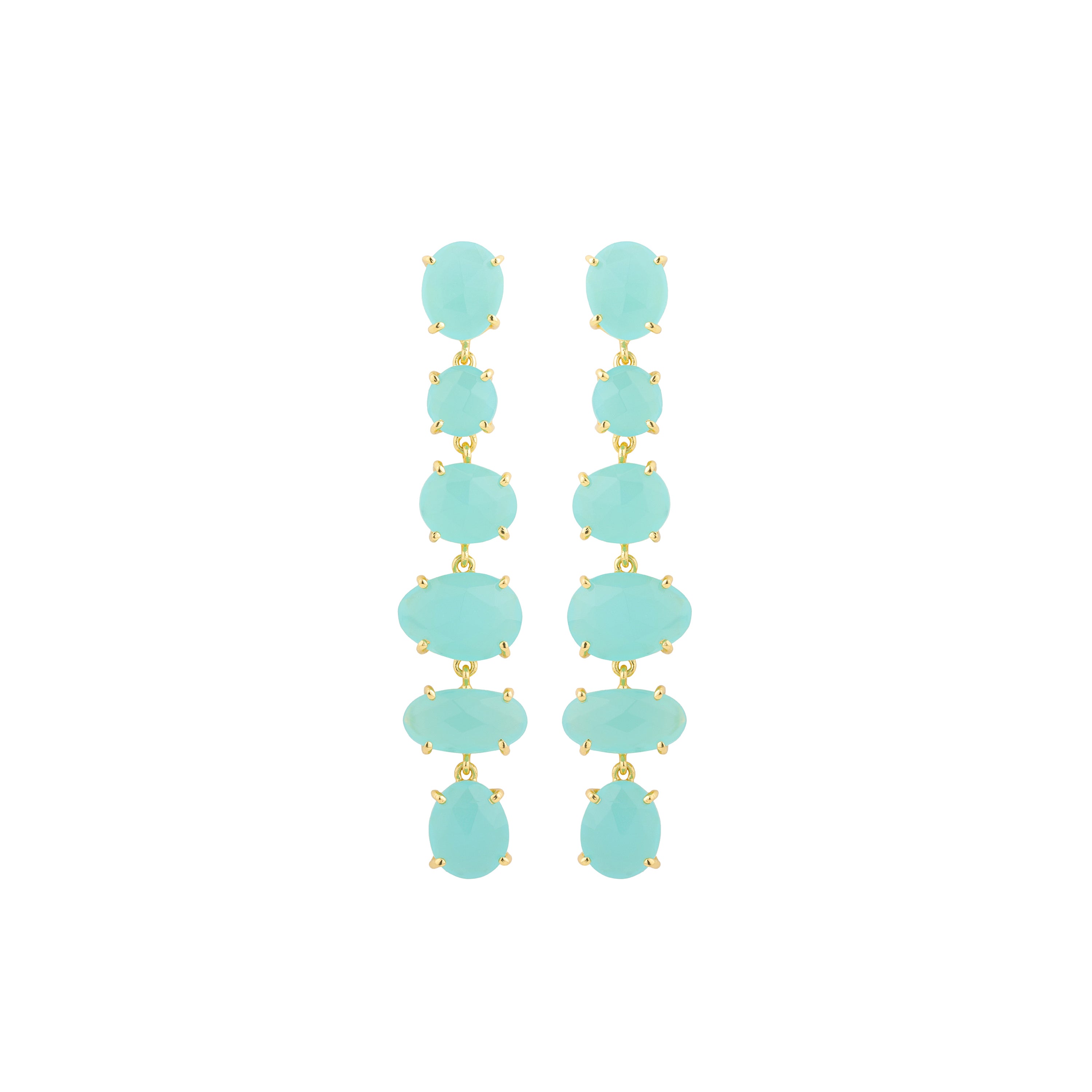 Aqua Chalcedony Chandelier Earrings in Aqua Chalcedony, gold plated, handcrafted gemstone earrings Singapore