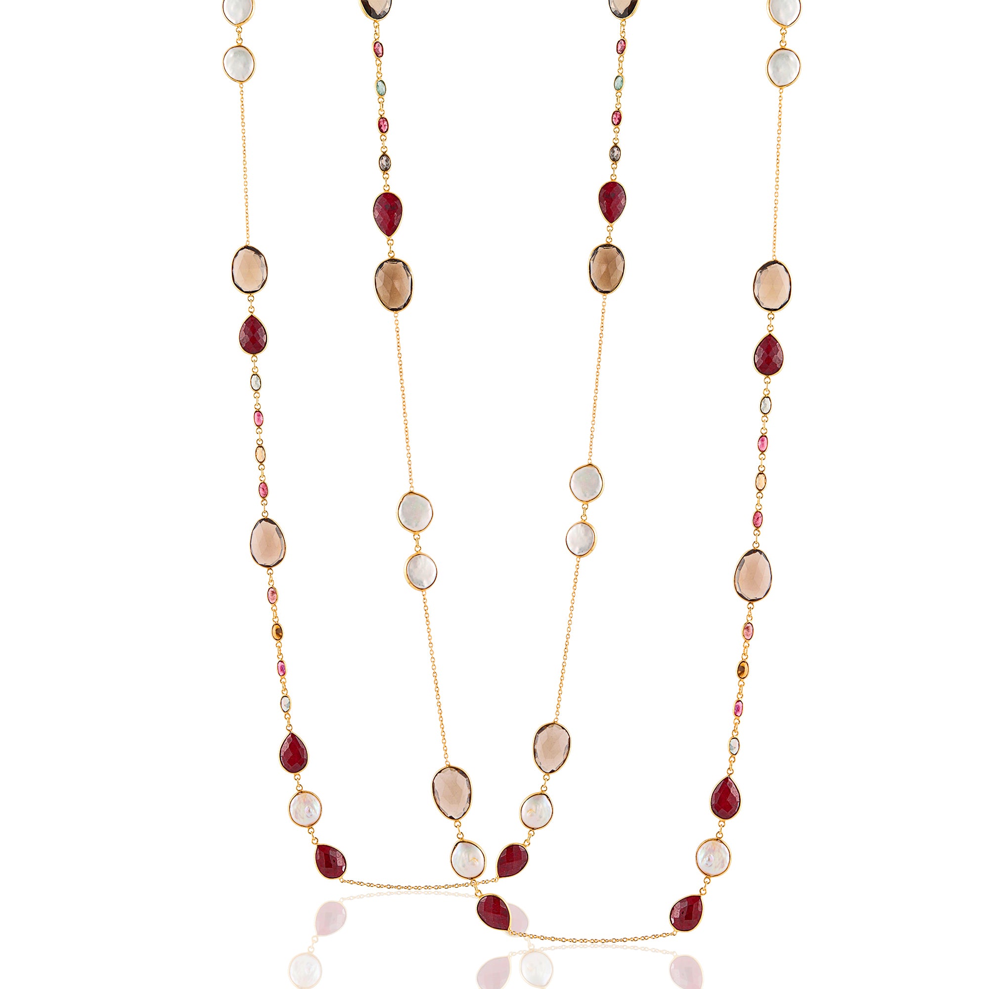 Necklace in Tourmaline, Ruby, Pearl & Smoky Quartz