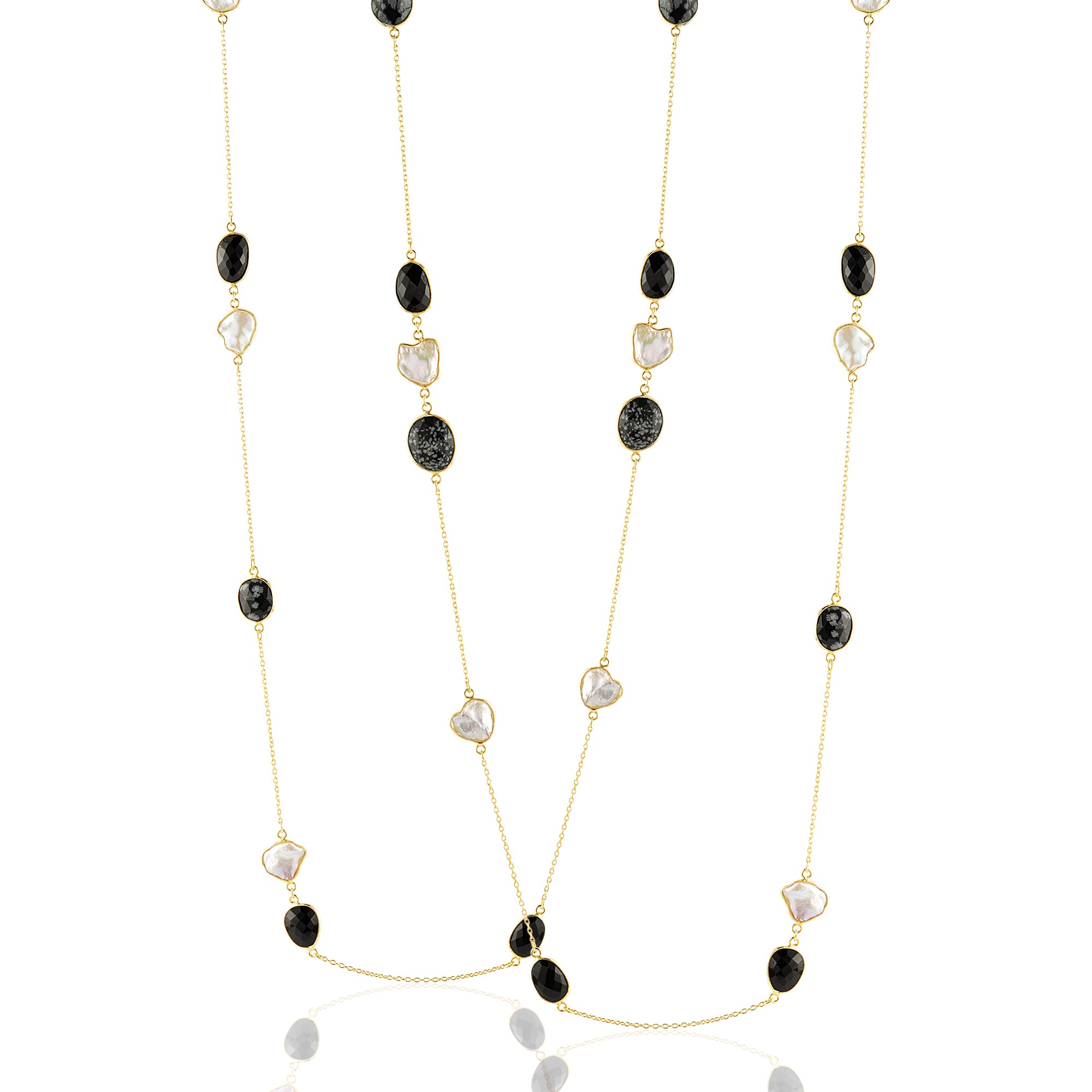 Necklace in Black Onyx, Obsidian & Coin Pearl in Black Onyx, gold plated, handcrafted gemstone necklace Singapore