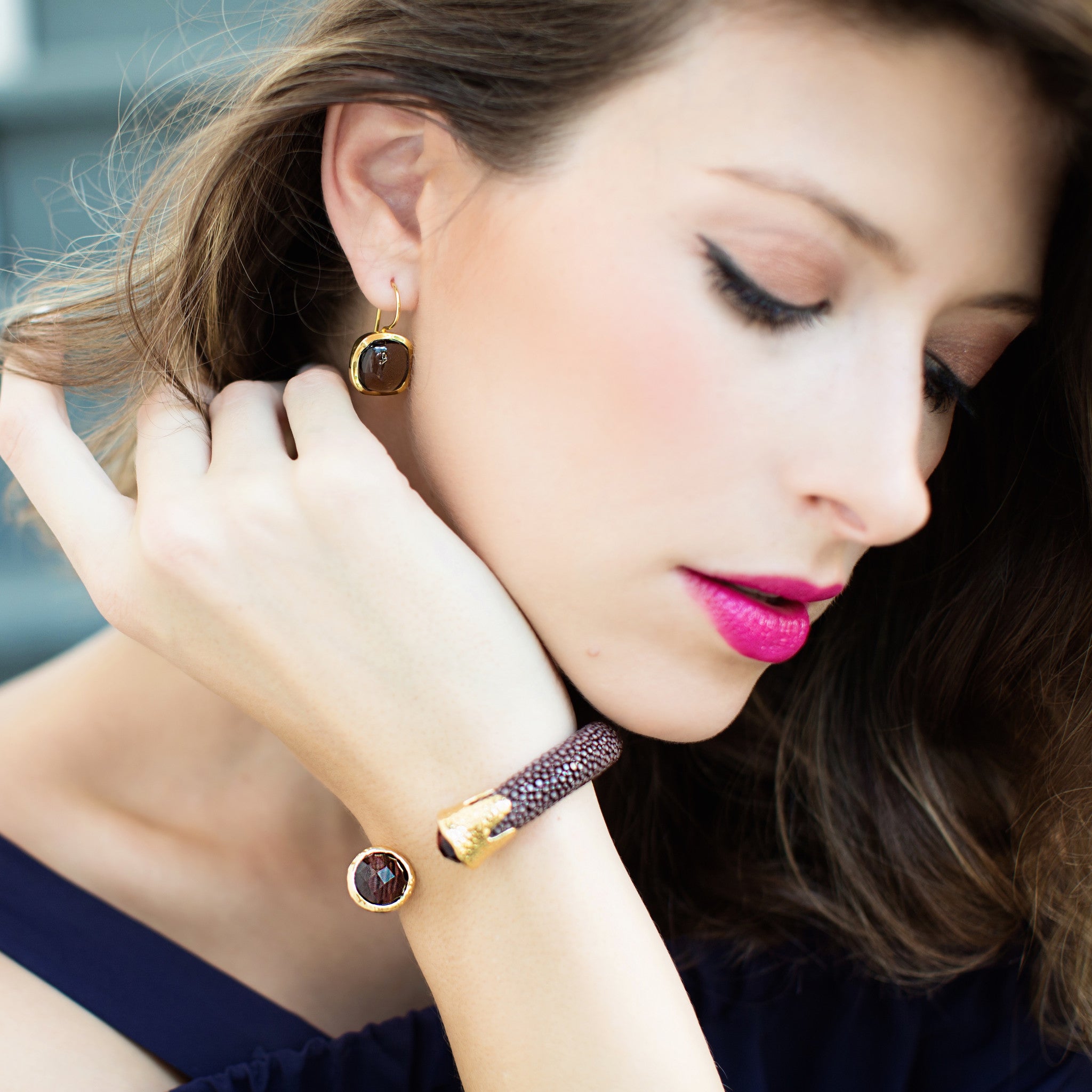 Chocolate Stingray Leather Cuff with Tiger's Eye in Tiger's Eye, gold plated, handcrafted gemstone bracelets Singapore