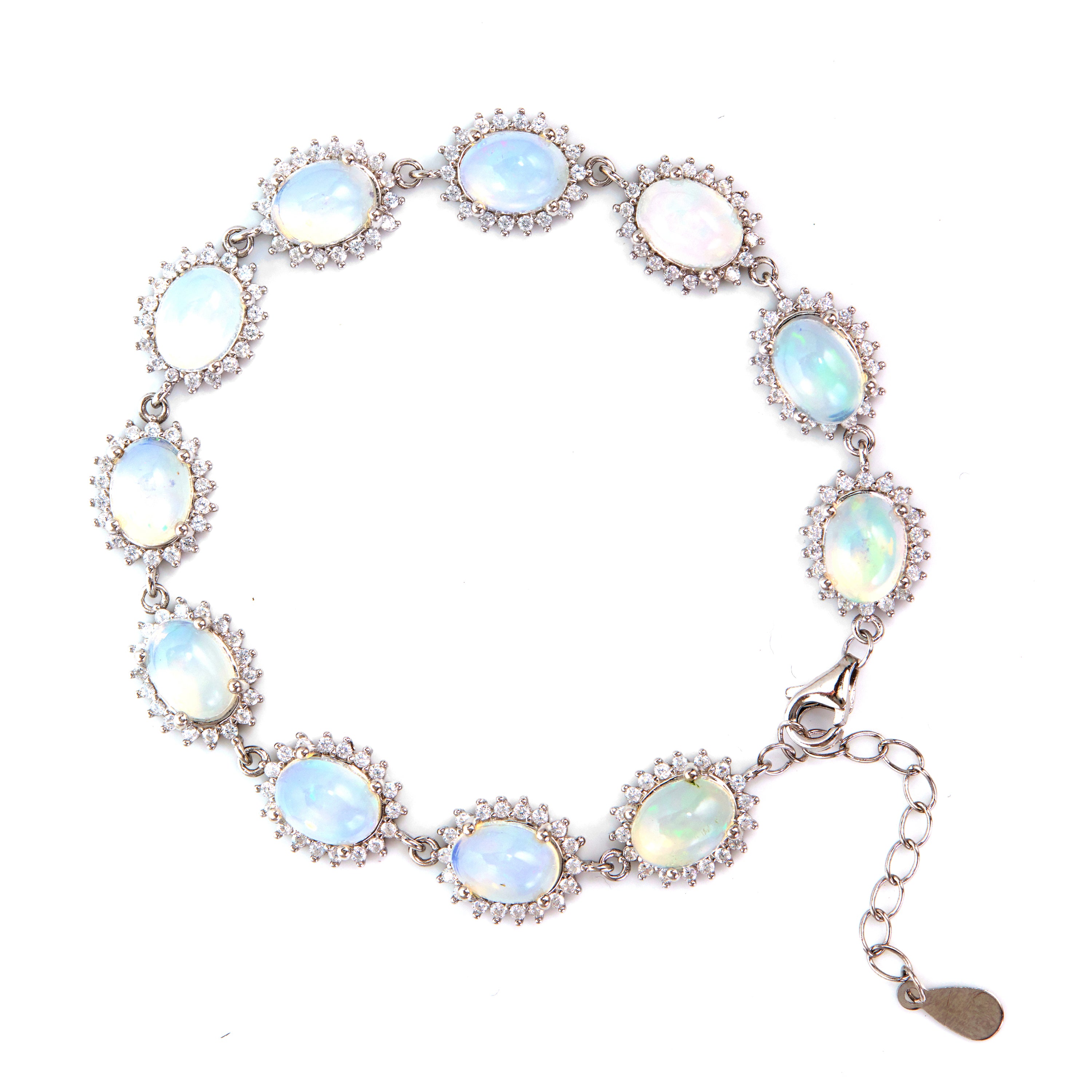 Silver bracelet with oval opalescent gemstone links