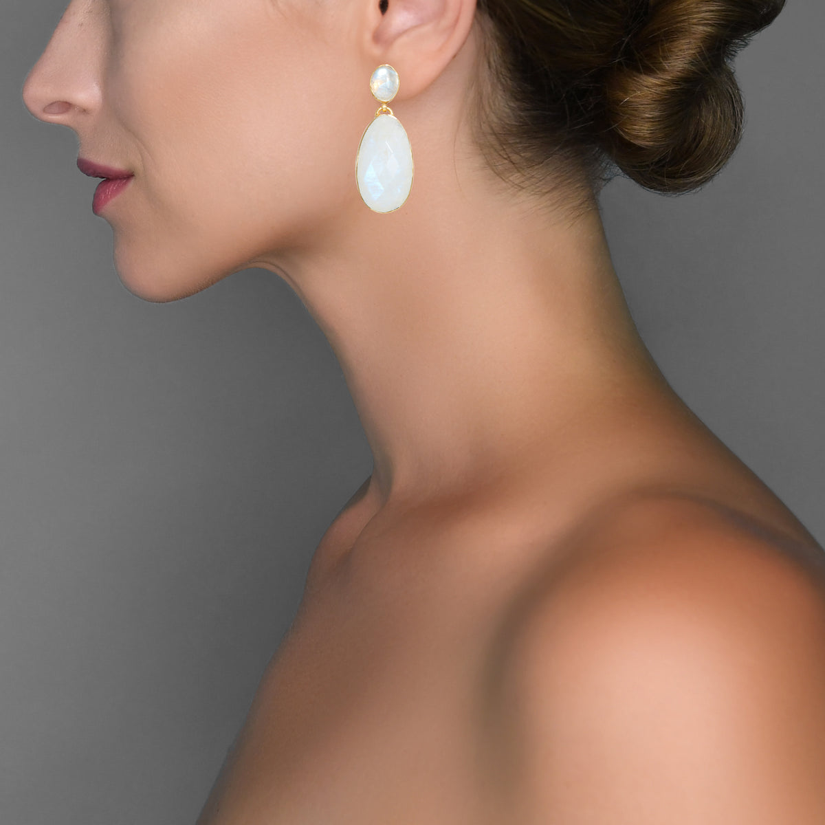 Moonstone Double Drops in Moonstone, gold plated, handcrafted gemstone earrings Singapore