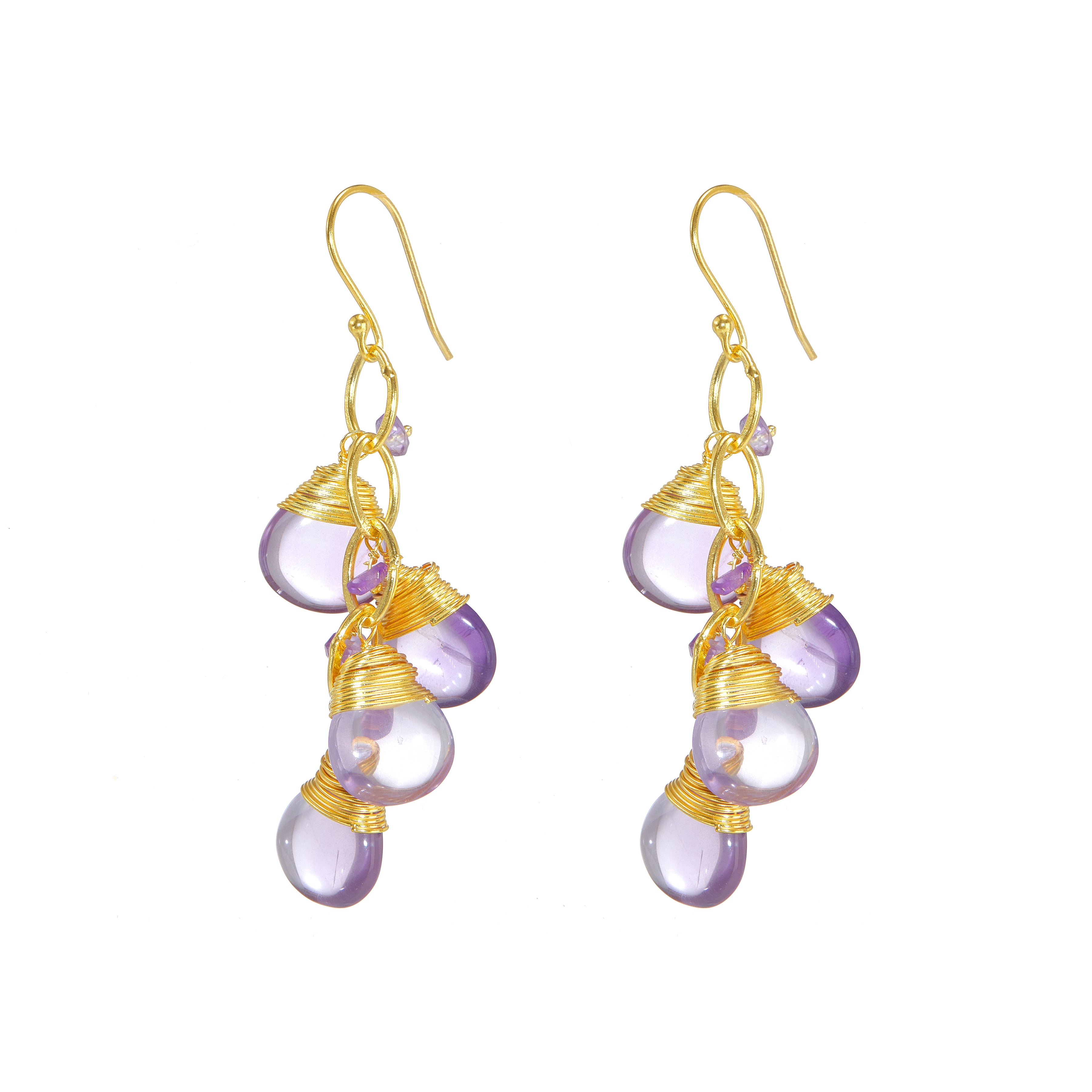 Rose De France Amethyst Briolette Earrings in Rose De France Amethyst, gold plated, handcrafted gemstone earrings Singapore
