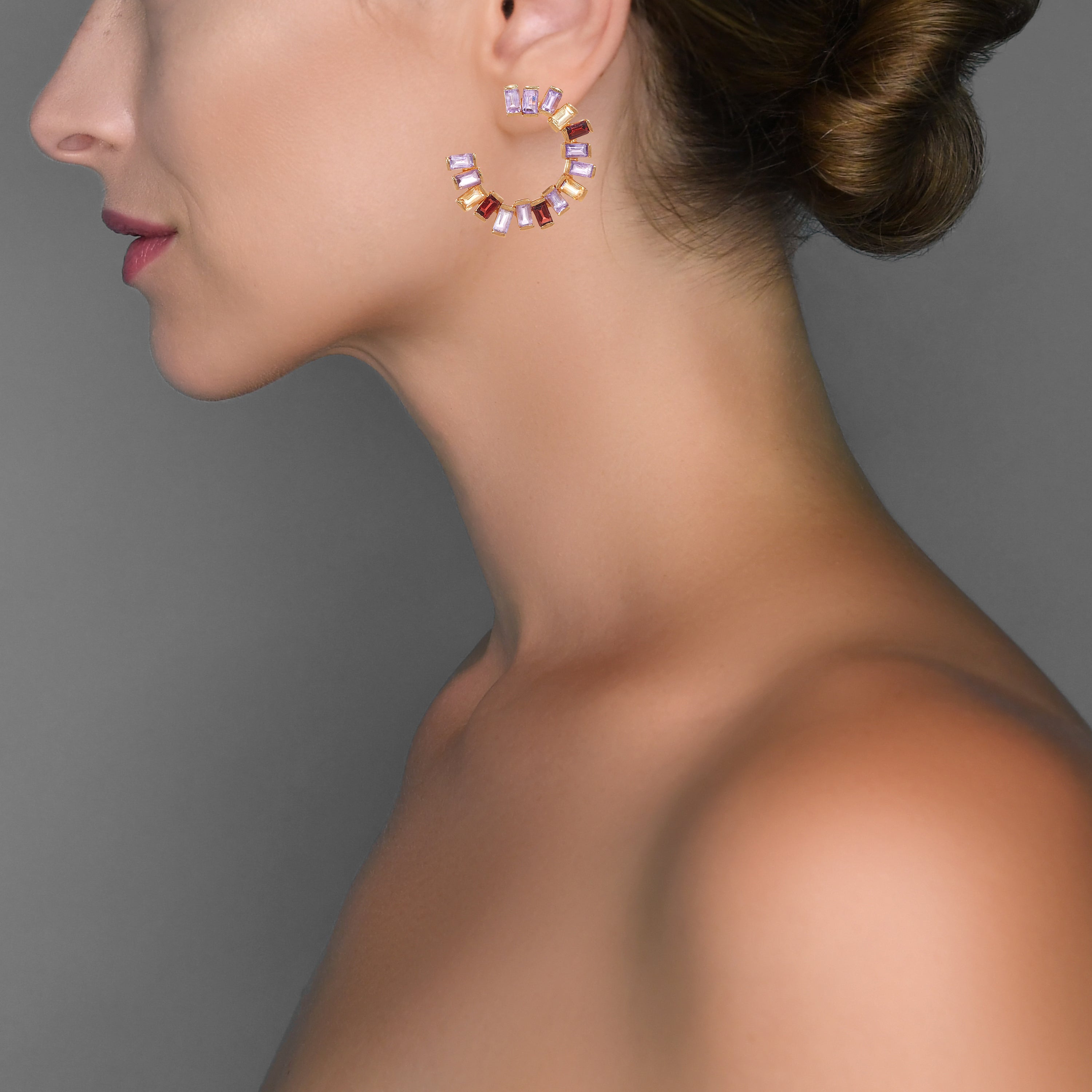Open Gemstone Hoops in Amethyst, Citrine & Garnet in Amethyst, gold plated, handcrafted gemstone earrings Singapore