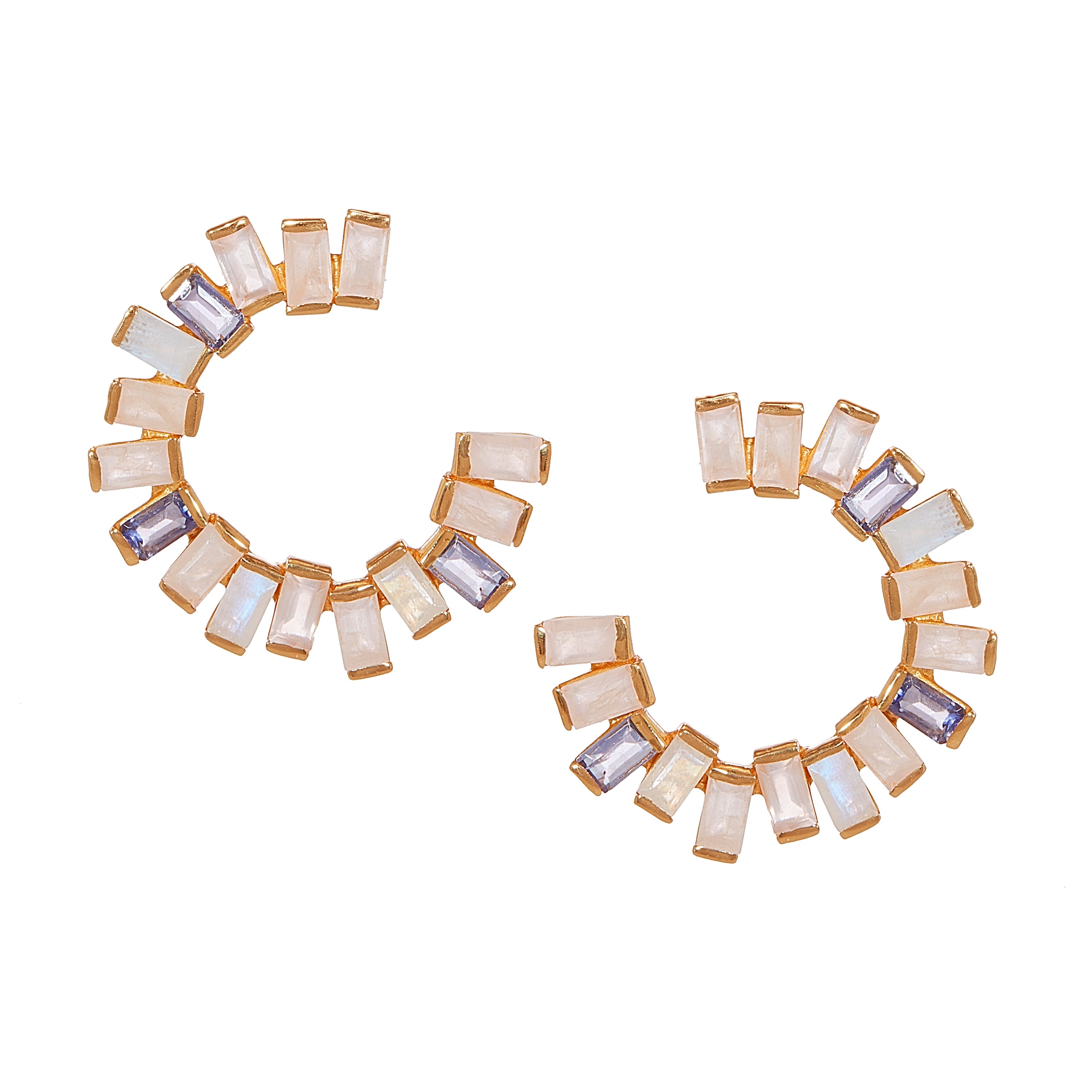 Open Gemstone Hoops in Iolite, Moonstone & Rose Quartz in Iolite, gold plated, handcrafted gemstone earrings Singapore