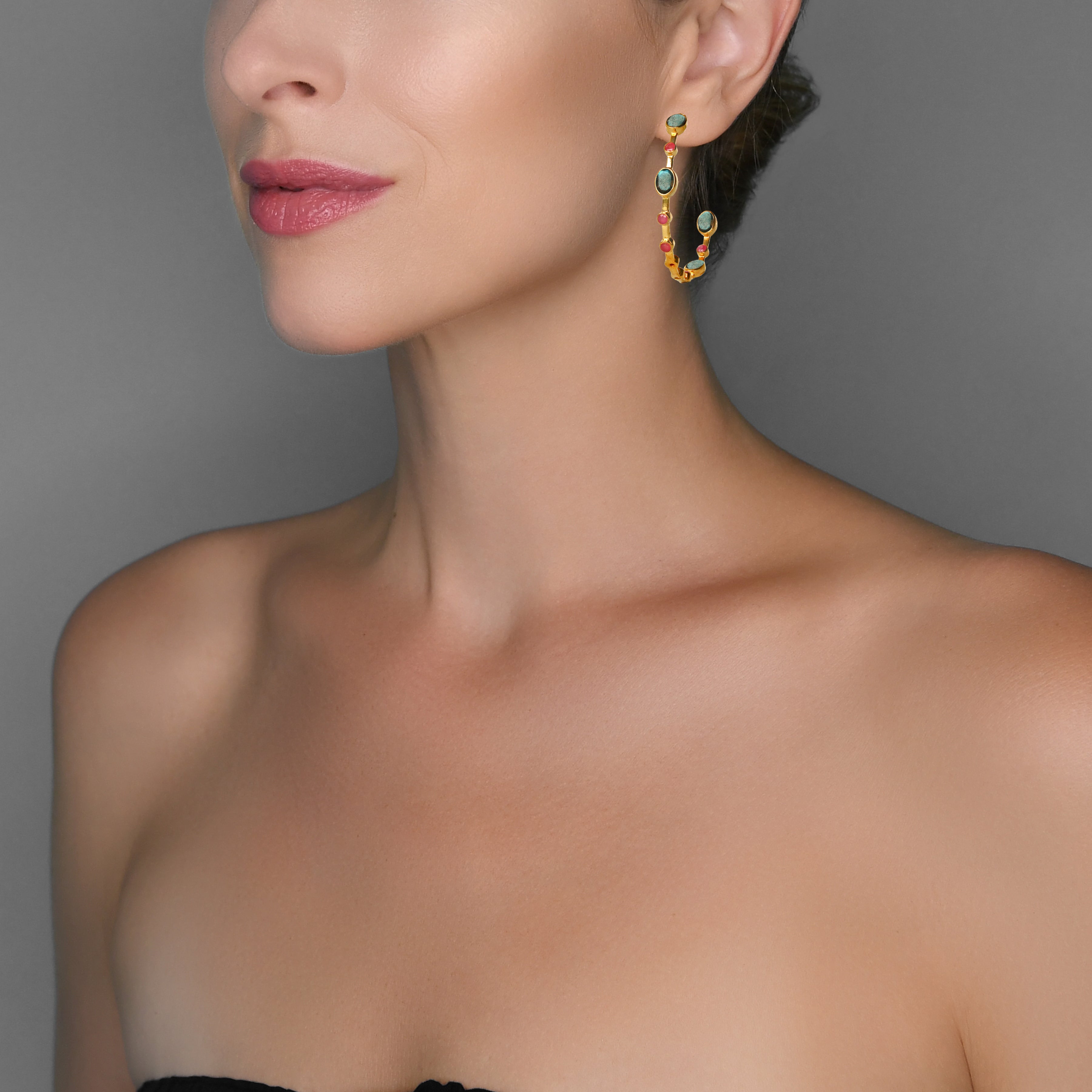 Labradorite and Ruby Hoop Earrings in Labradorite, gold plated, handcrafted gemstone earrings Singapore