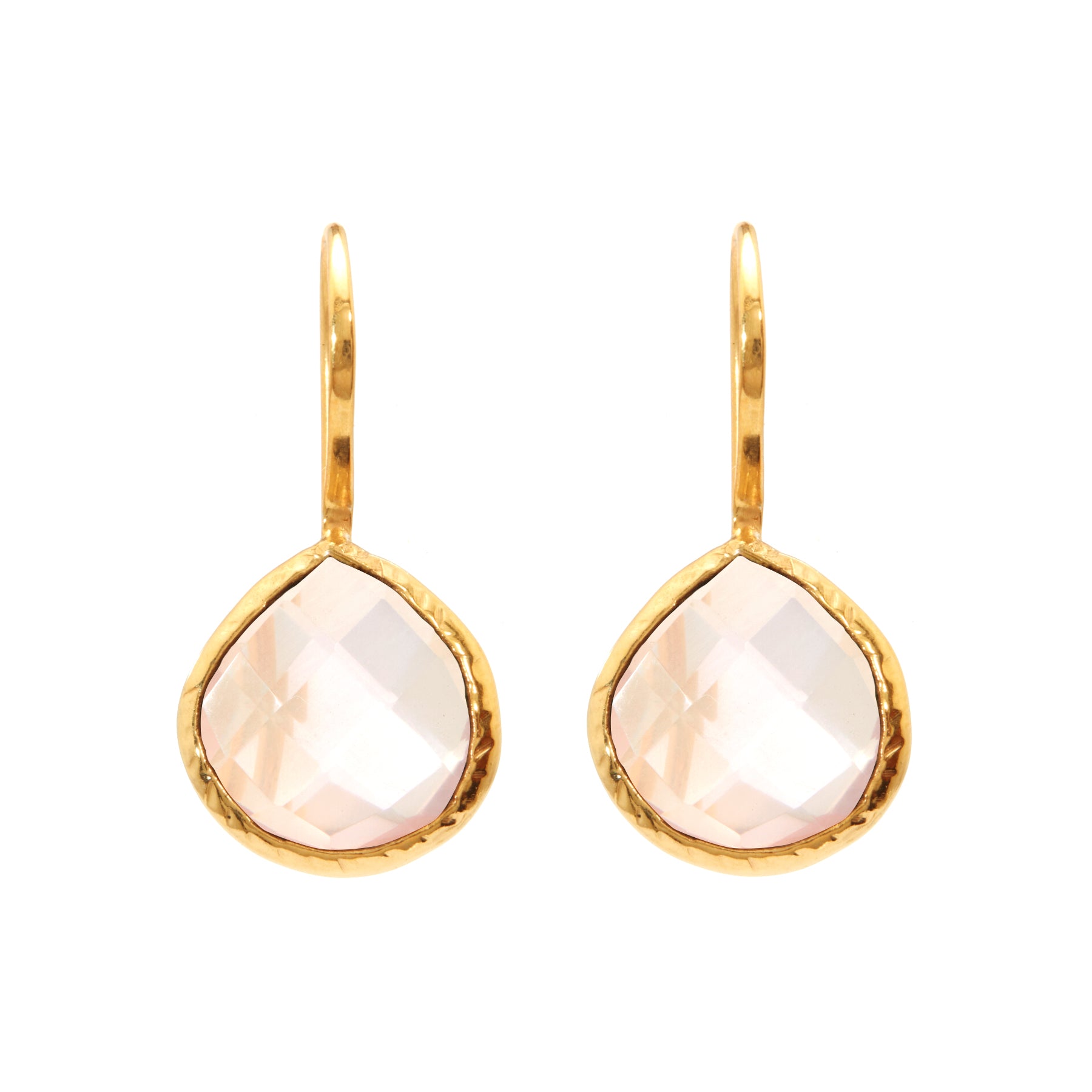 Gold drop earrings with pale peach teardrop gemstone