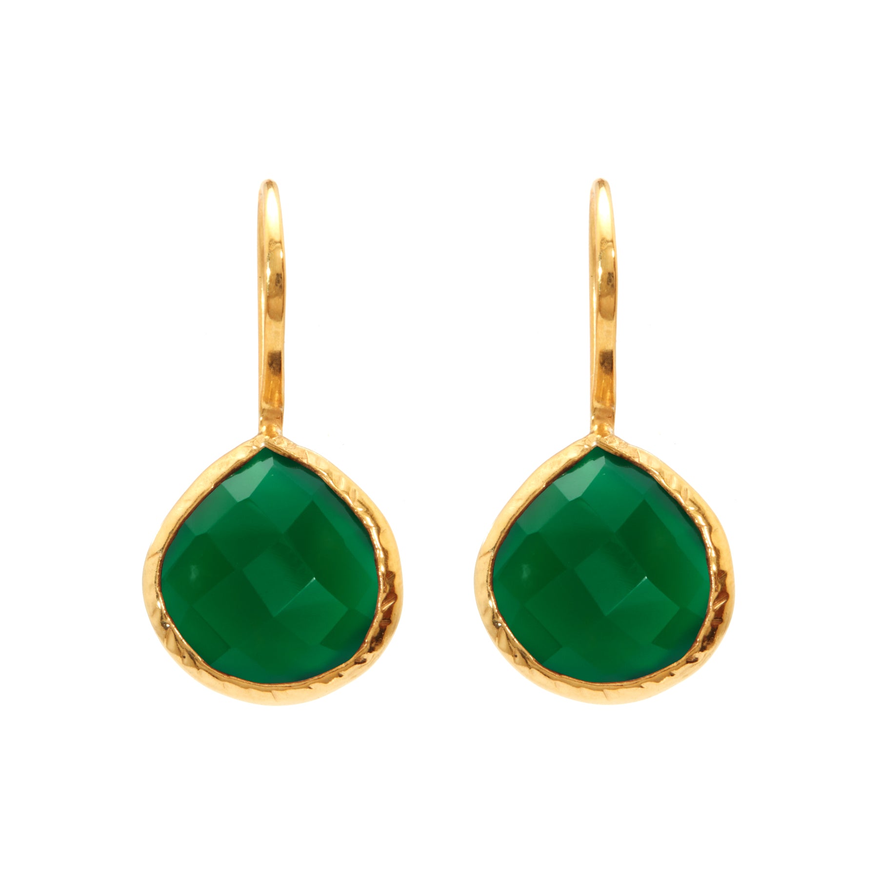 Teardrop-shaped green gemstone gold drop earrings