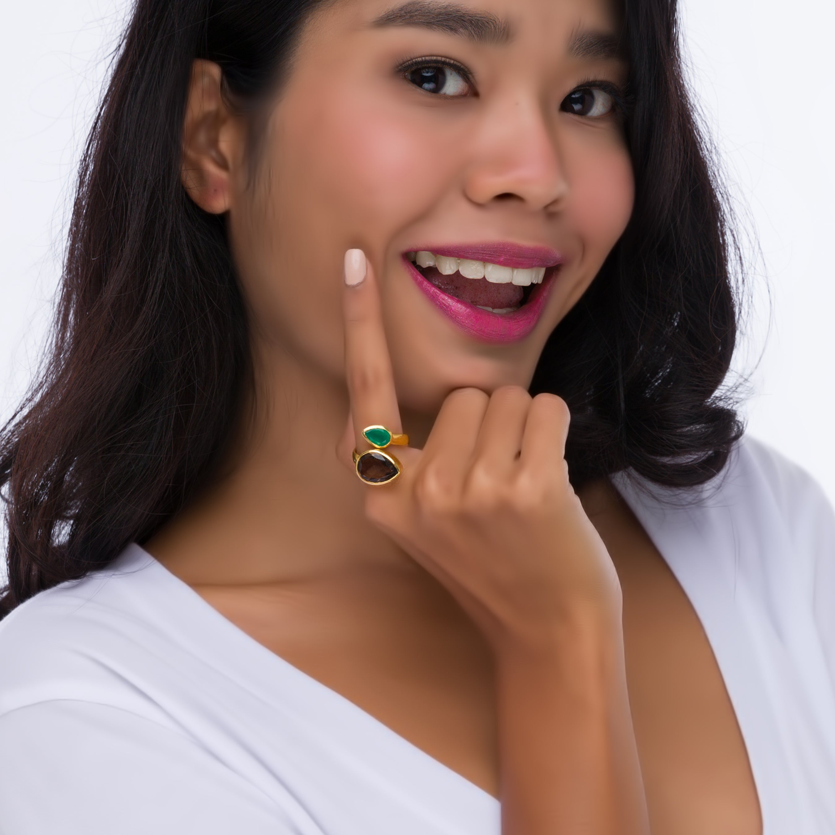 Twist Ring in Smoky Quartz & Green Onyx in Green Onyx, gold plated, handcrafted gemstone rings Singapore