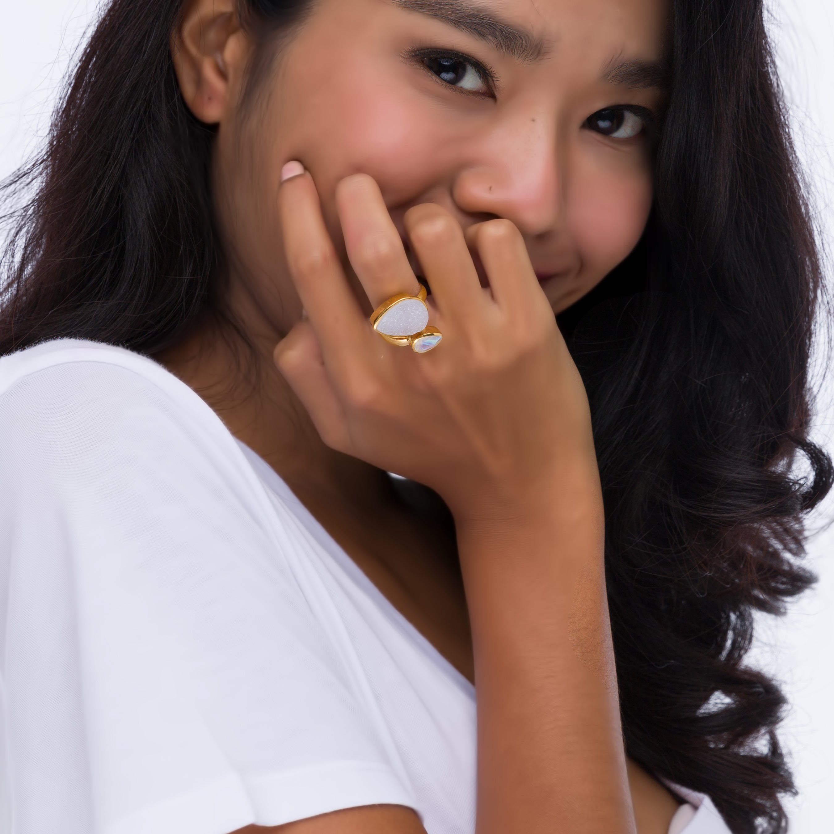 Twist Ring in White Agate Druzy & Moonstone in White Agate, gold plated, handcrafted gemstone rings Singapore