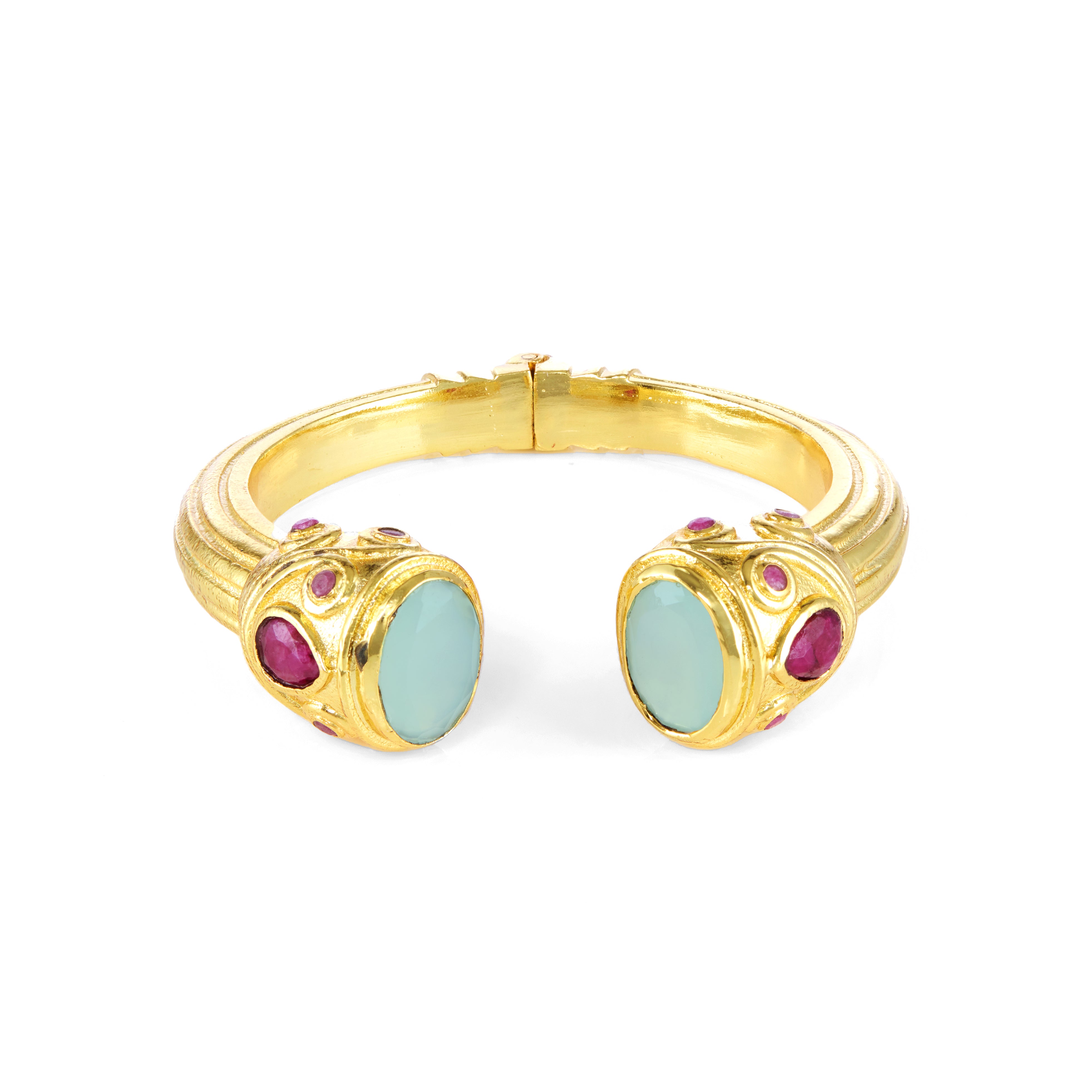 Constantinople Cuff in Chalcedony & Ruby in Aqua Chalcedony, gold plated, handcrafted gemstone bracelets Singapore