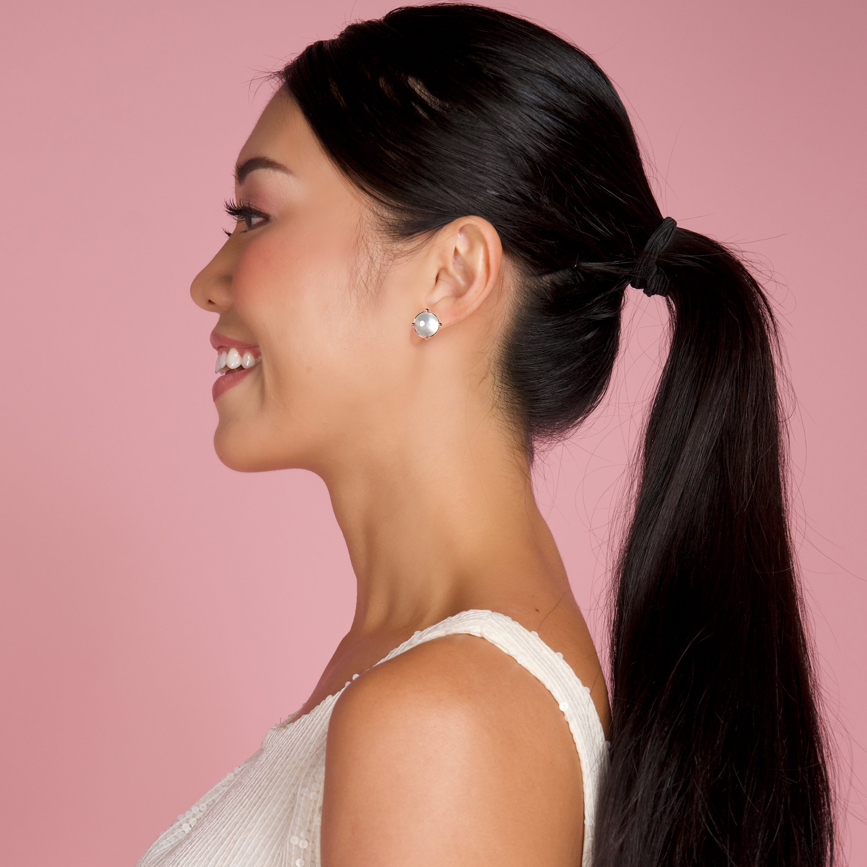 Gumdrop Studs in Nacre in Nacre, gold plated, handcrafted gemstone earrings Singapore