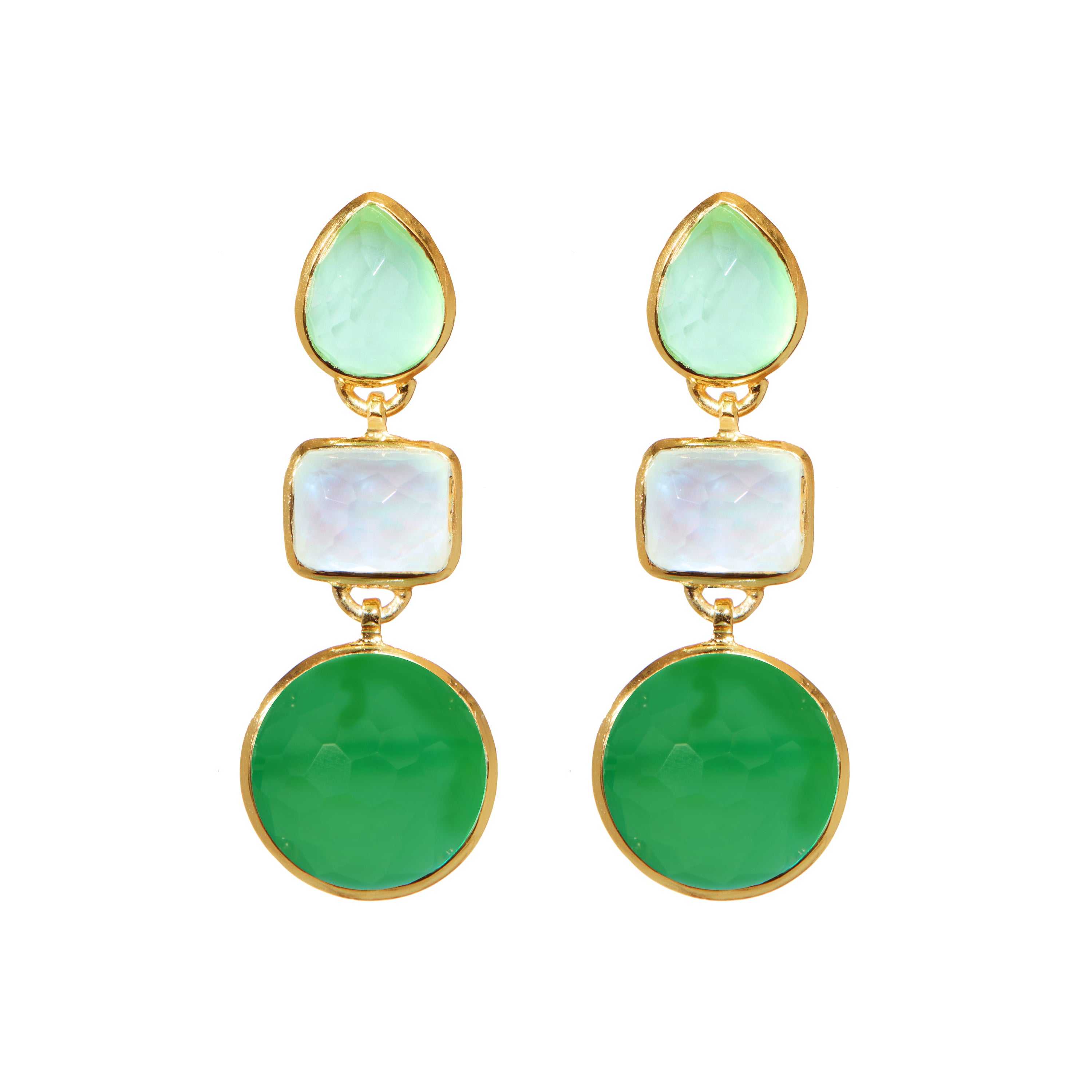 Gumdrop Trio Earrings in Prehnite, Nacre & Green Onyx in Prehnite, gold plated, handcrafted gemstone earrings Singapore