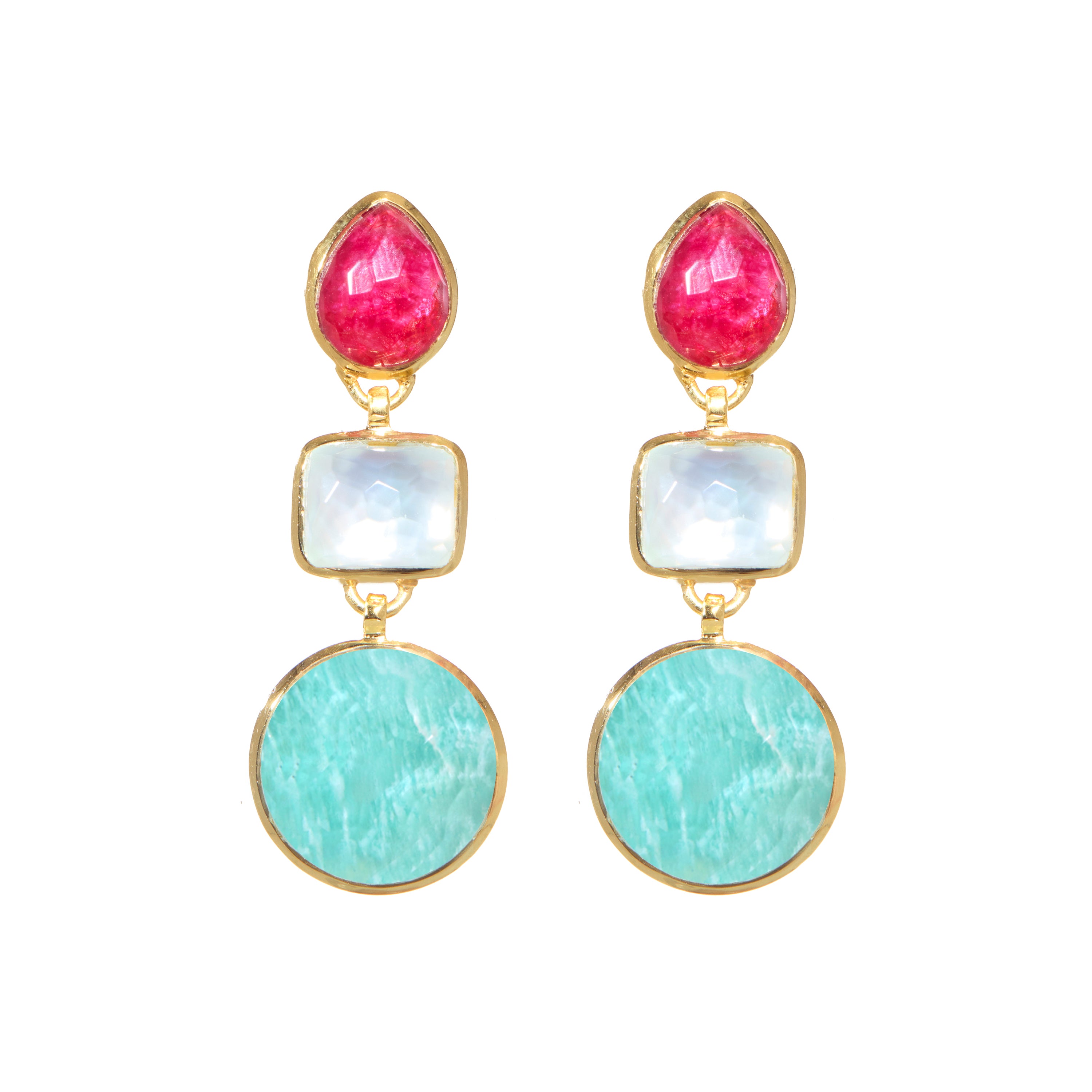 Gumdrop Trio Earrings in Ruby, Nacre & Amazonite