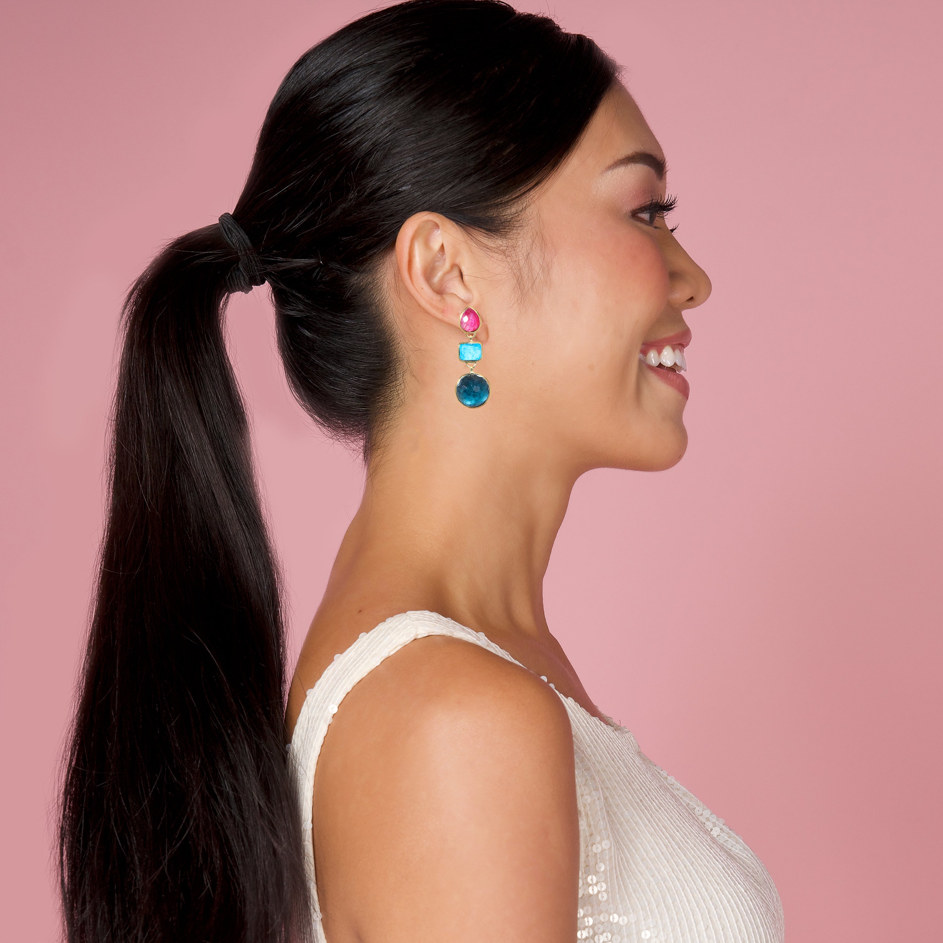 Gumdrop Trio Earrings in Ruby, Turquoise & Hematite