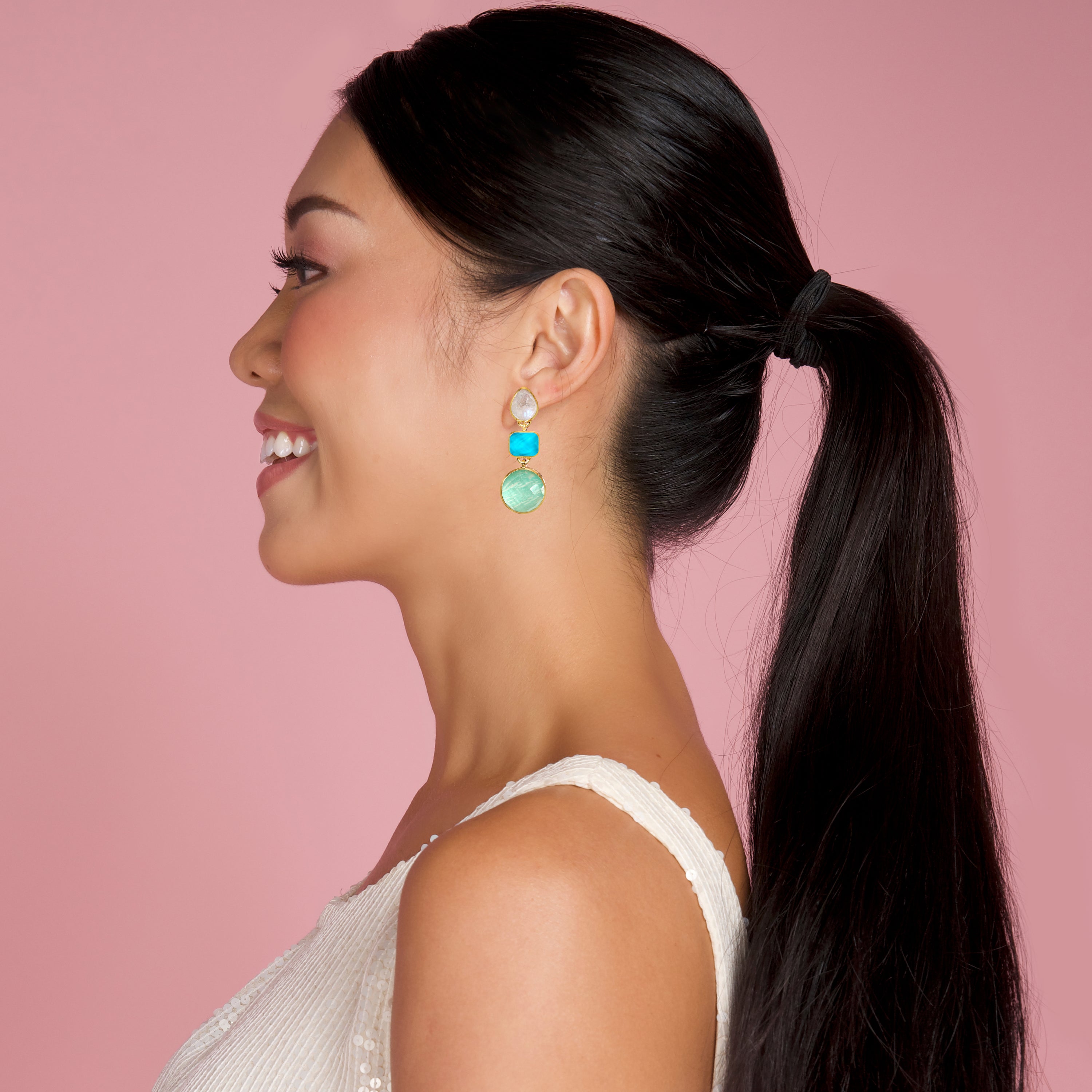 Gumdrop Trio Earrings in Moonstone, Turquoise & Amazonite