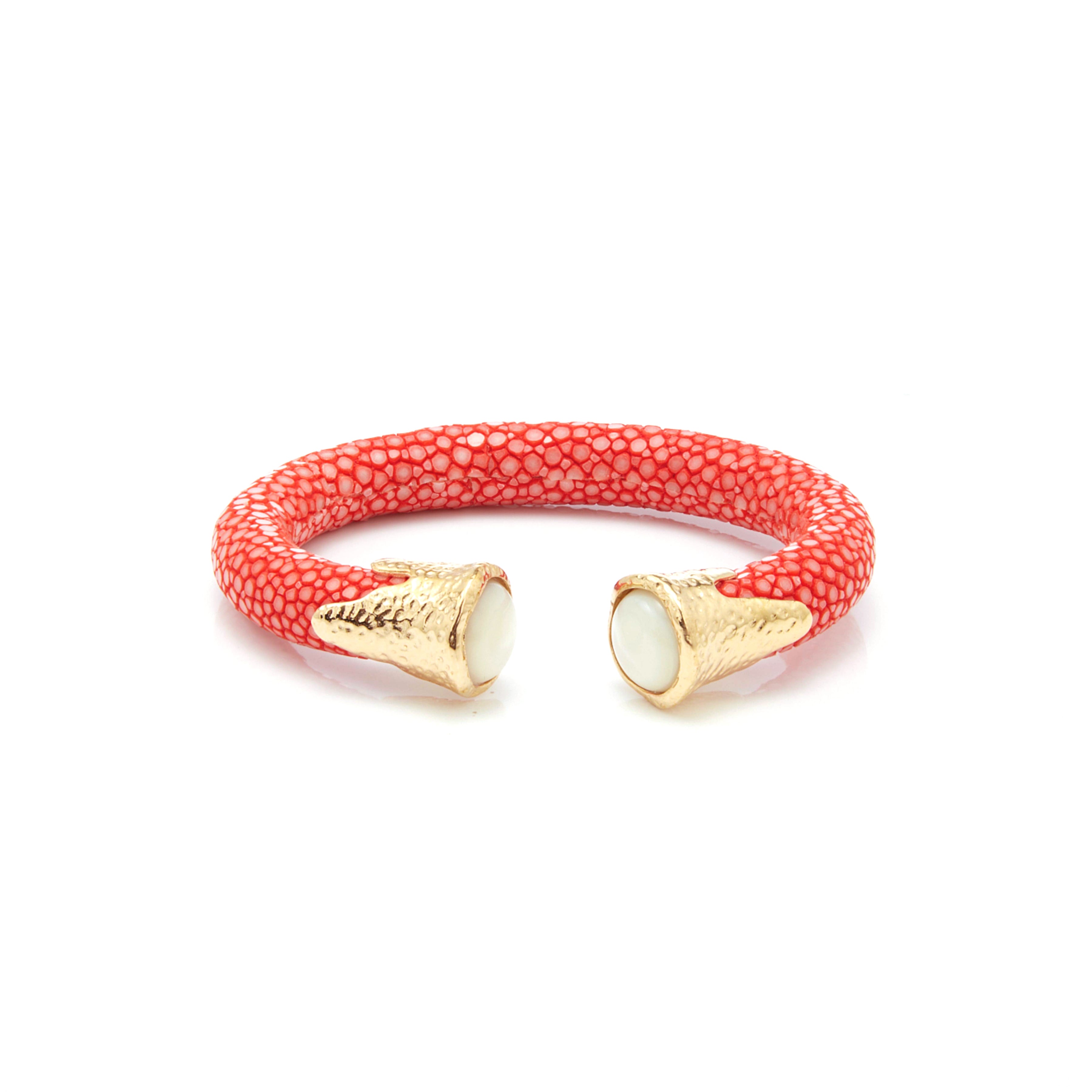Vermilion Stingray Leather Cuff with Nacre in Nacre, gold plated, handcrafted gemstone bracelets Singapore