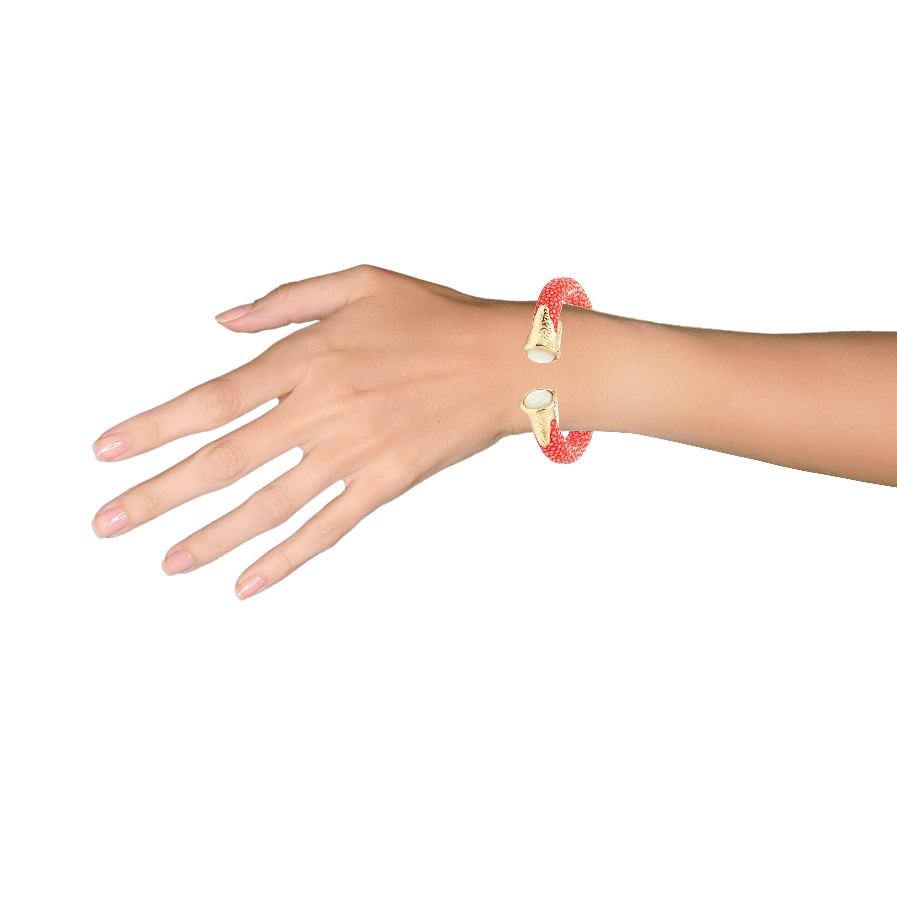 Vermilion Stingray Leather Cuff with Nacre in Nacre, gold plated, handcrafted gemstone bracelets Singapore