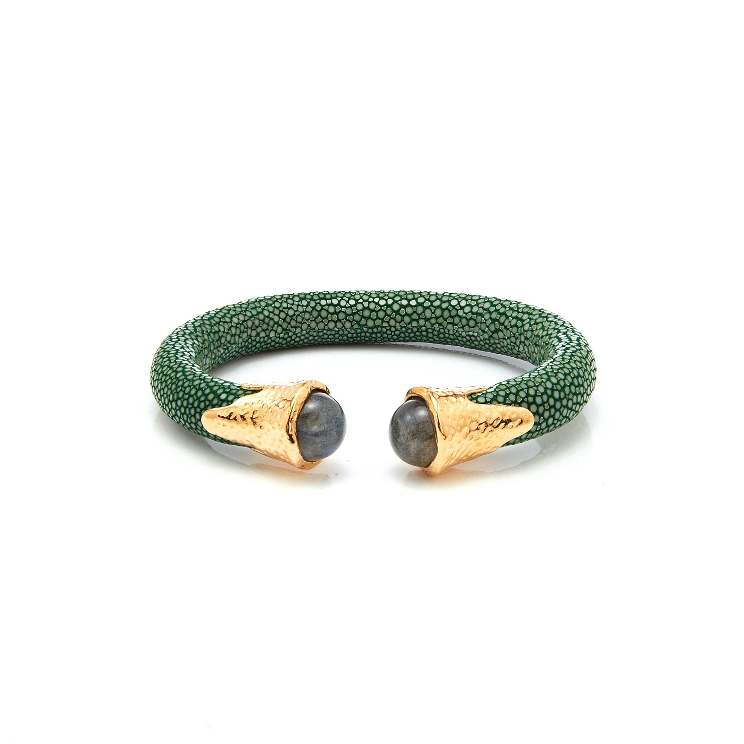 Jade Stingray Leather Cuff with Labradorite in Labradorite, gold plated, handcrafted gemstone bracelets Singapore