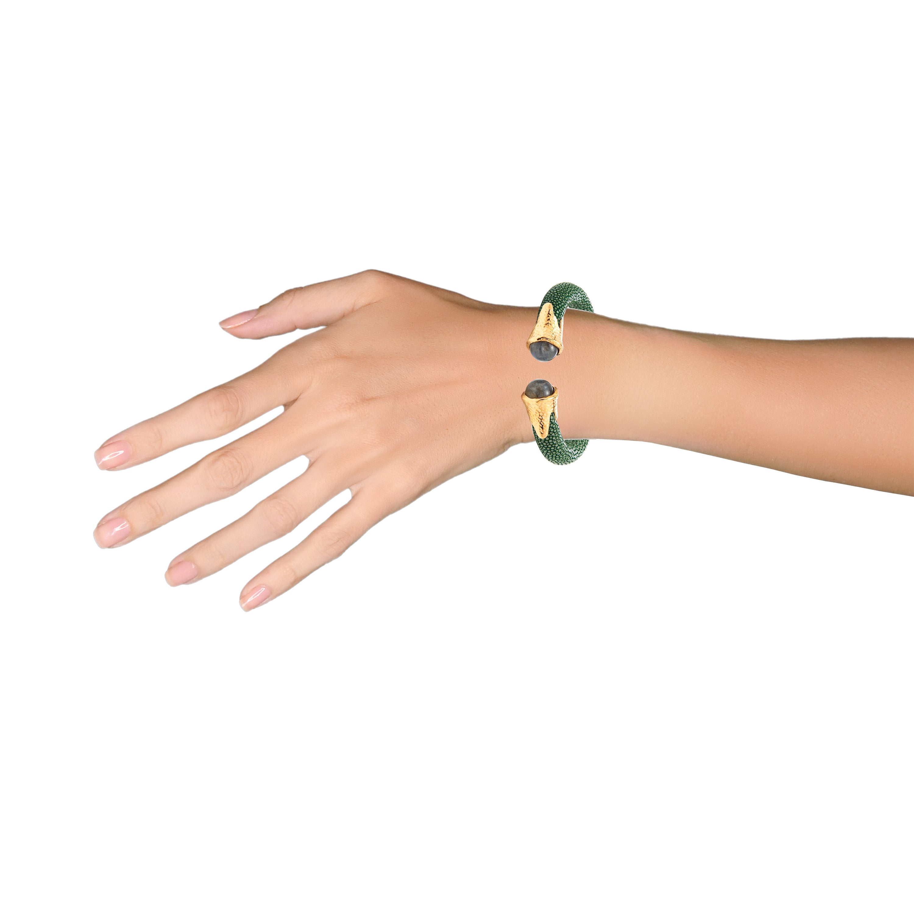 Jade Stingray Leather Cuff with Labradorite in Labradorite, gold plated, handcrafted gemstone bracelets Singapore