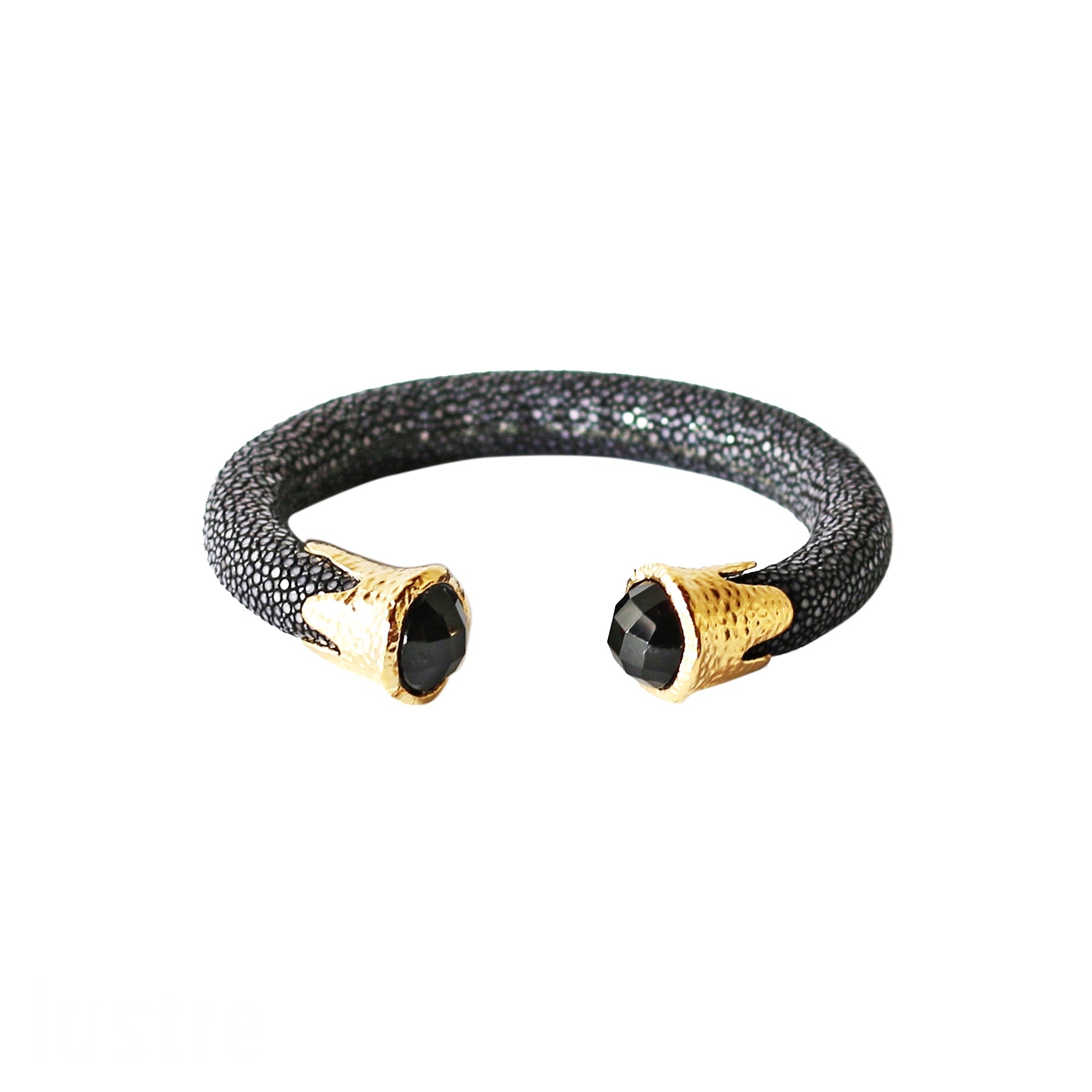 Black Stingray Leather Cuff with Black Onyx in Black Onyx, gold plated, handcrafted gemstone bracelets Singapore