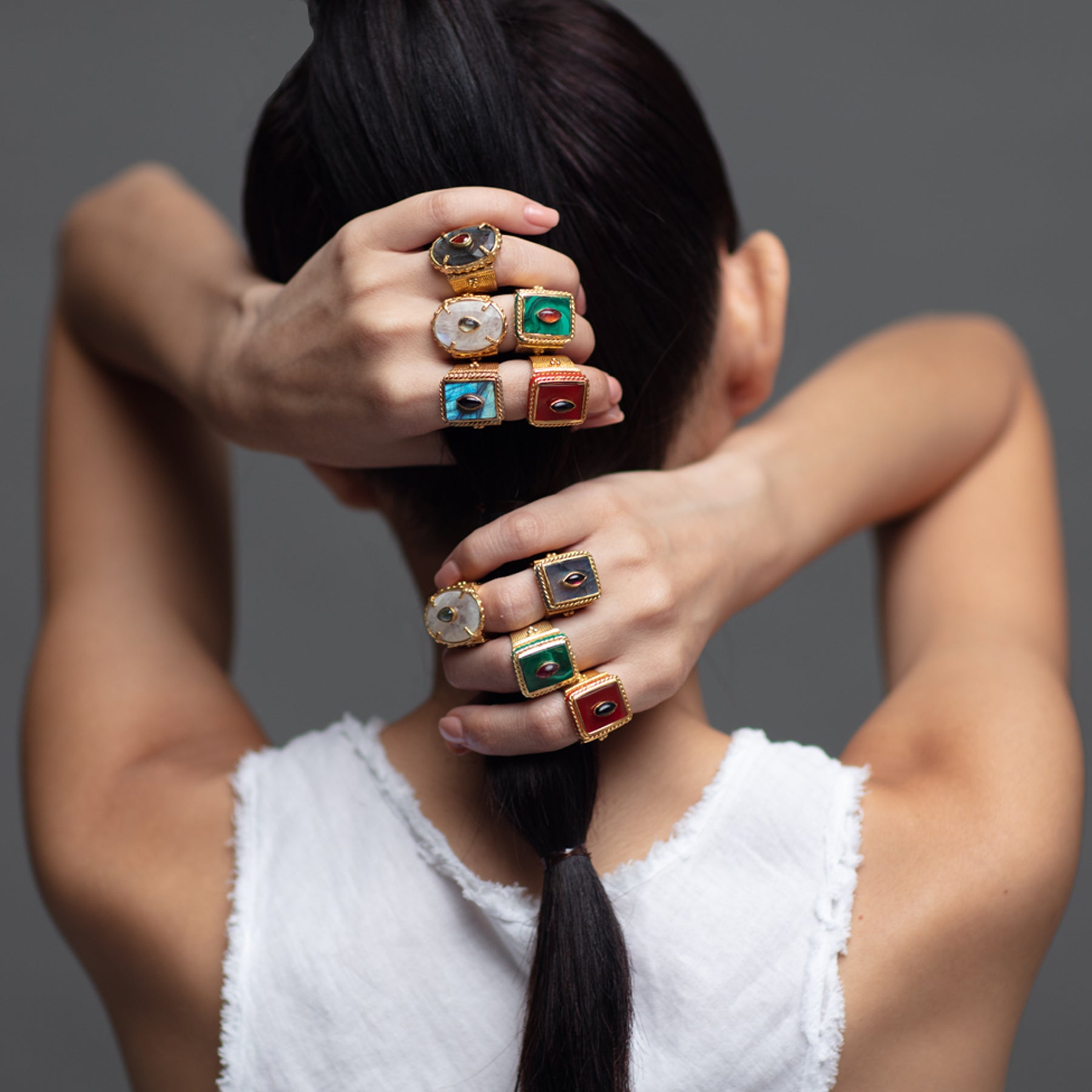 Shanti Rectangle Ring in Malachite in Malachite, gold plated, handcrafted gemstone rings Singapore